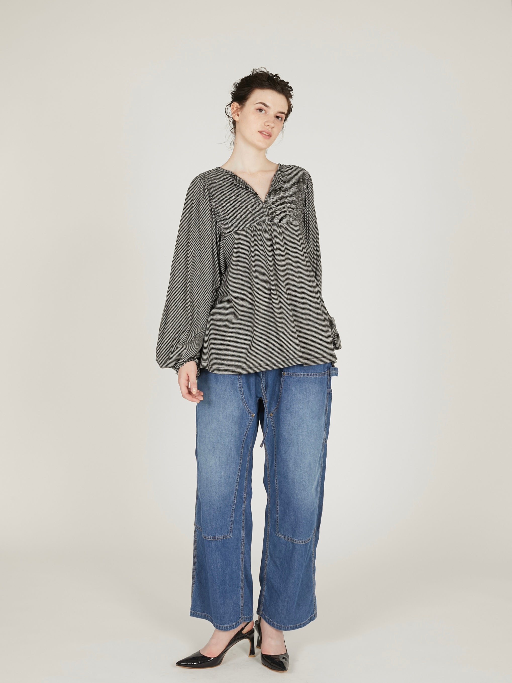 shirring border pullover|BLACK