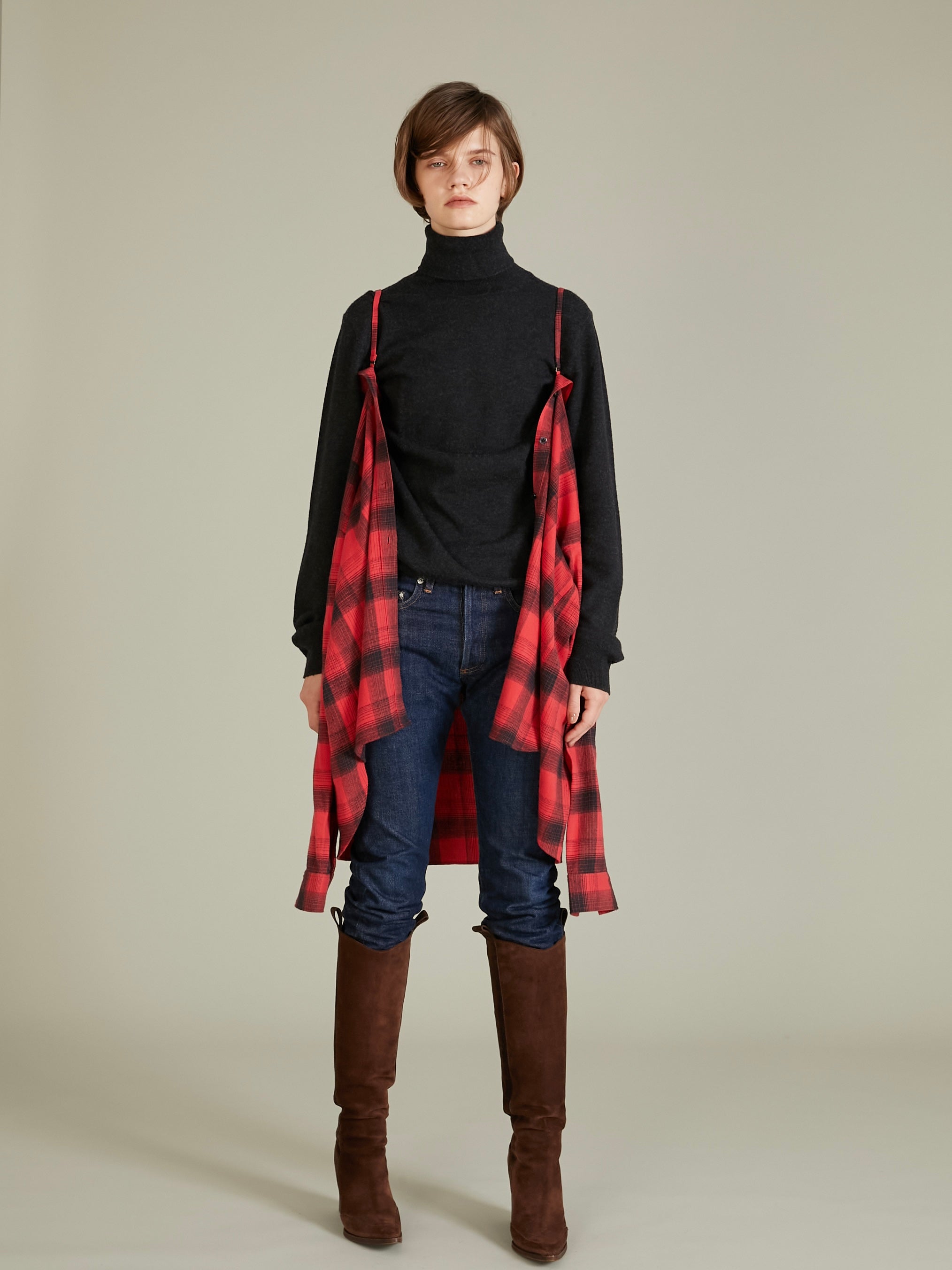 nel check shirt bustier|RED