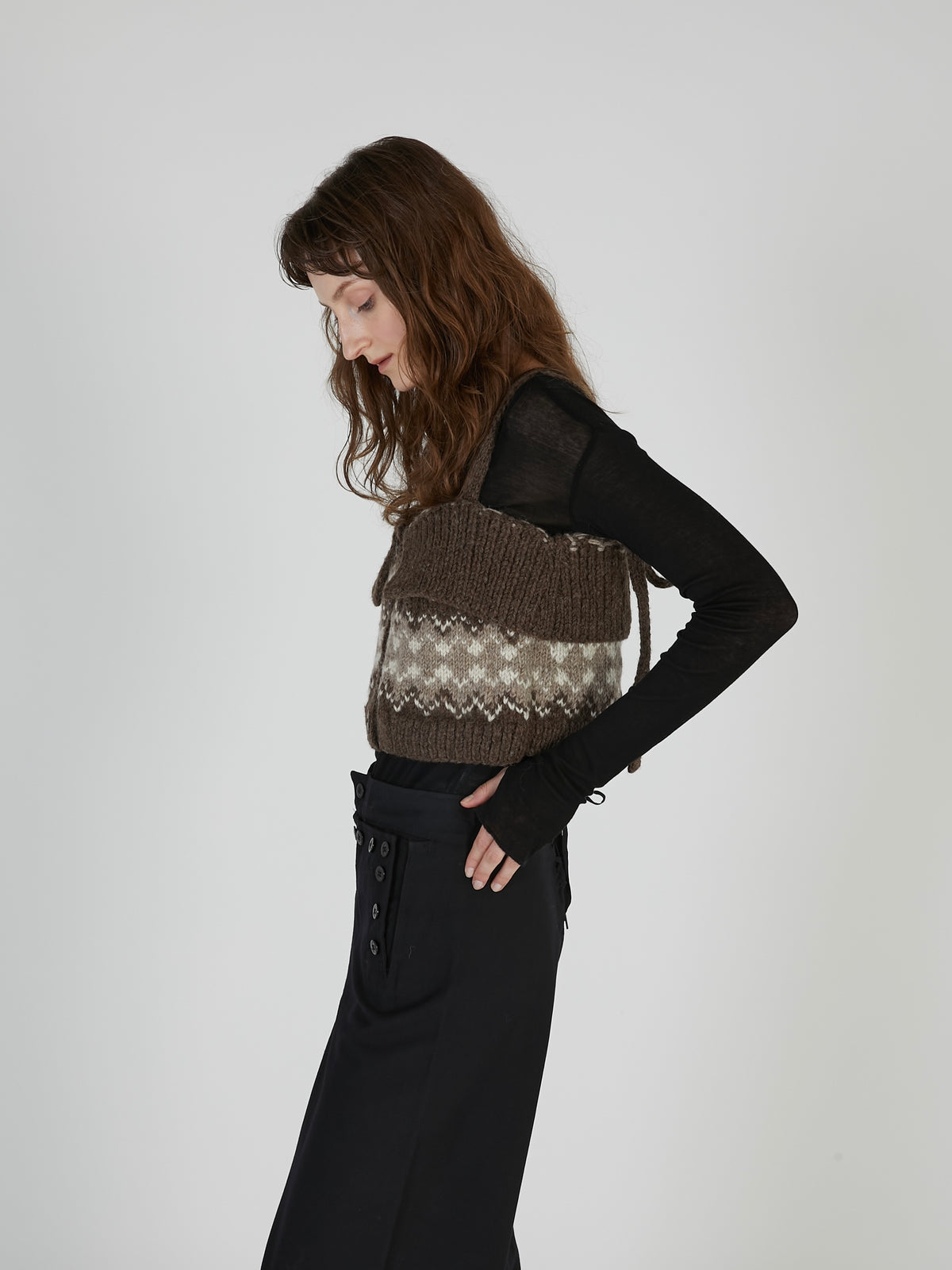 fair isle fringe hand knit bustier|BROWN