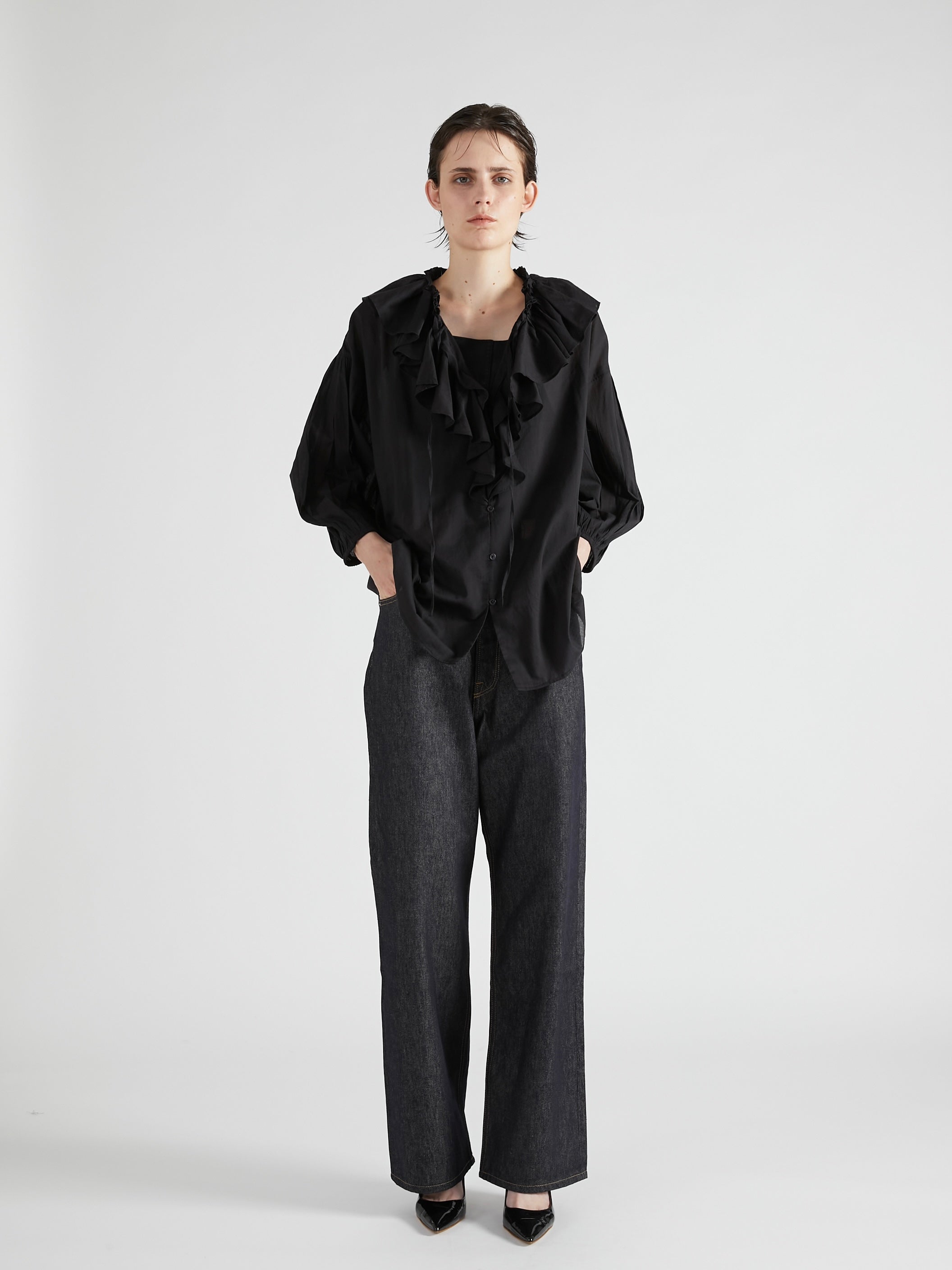 sheer ruffle blouse|BLACK