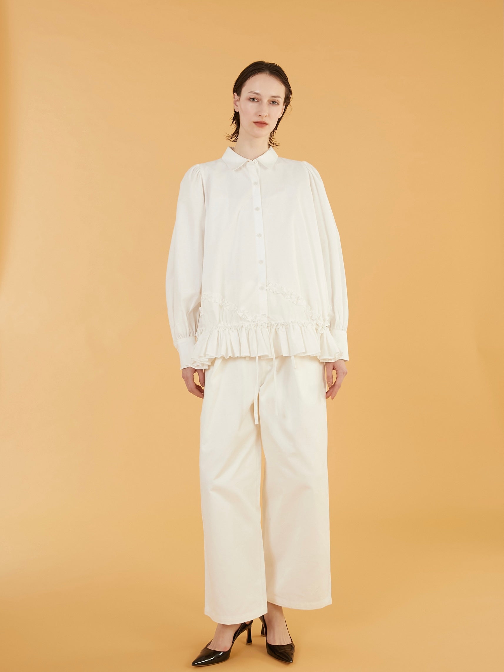 frill hem long sleeve shirts|WHITE