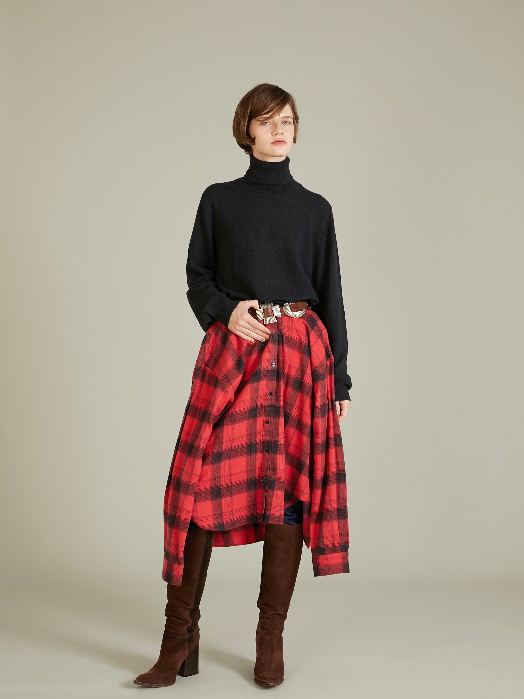 nel check shirt bustier|RED