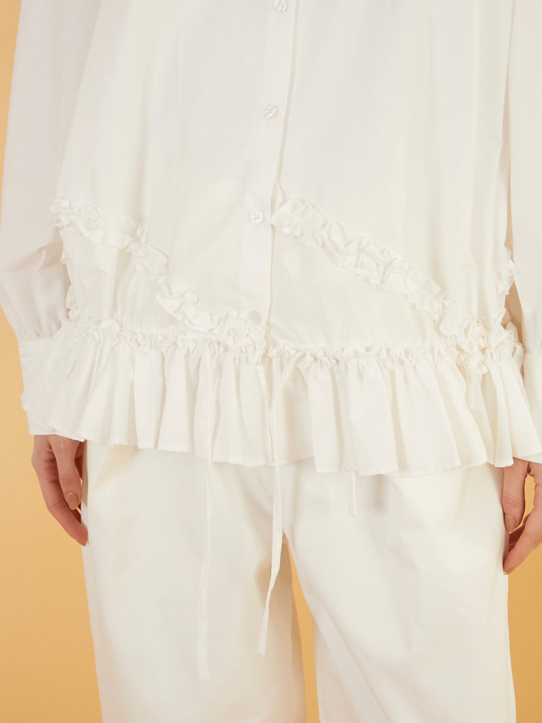 frill hem long sleeve shirts|WHITE