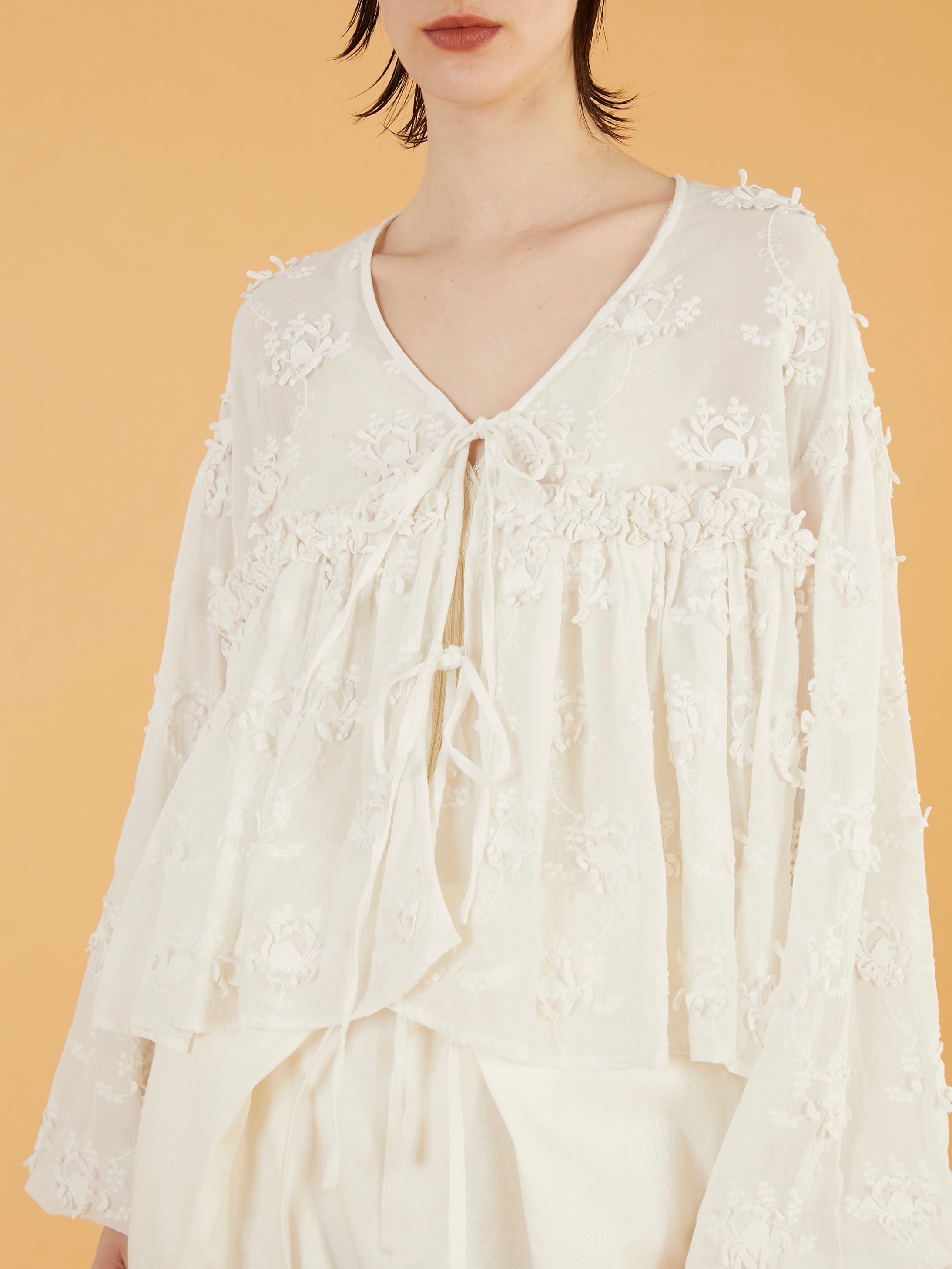 3D embroidery gather bolero|WHITE