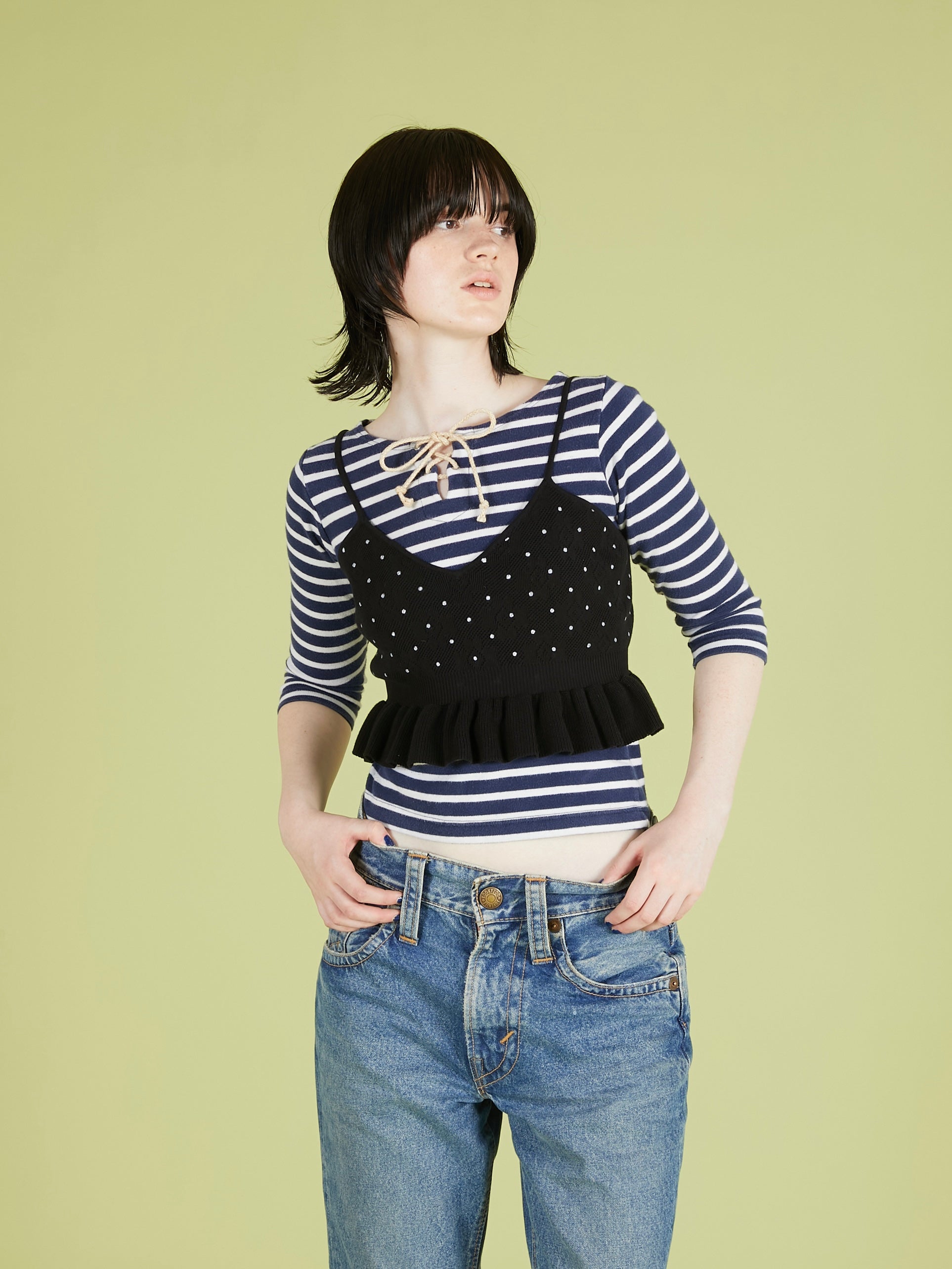 flower Jacquard dot camisole|BLACK