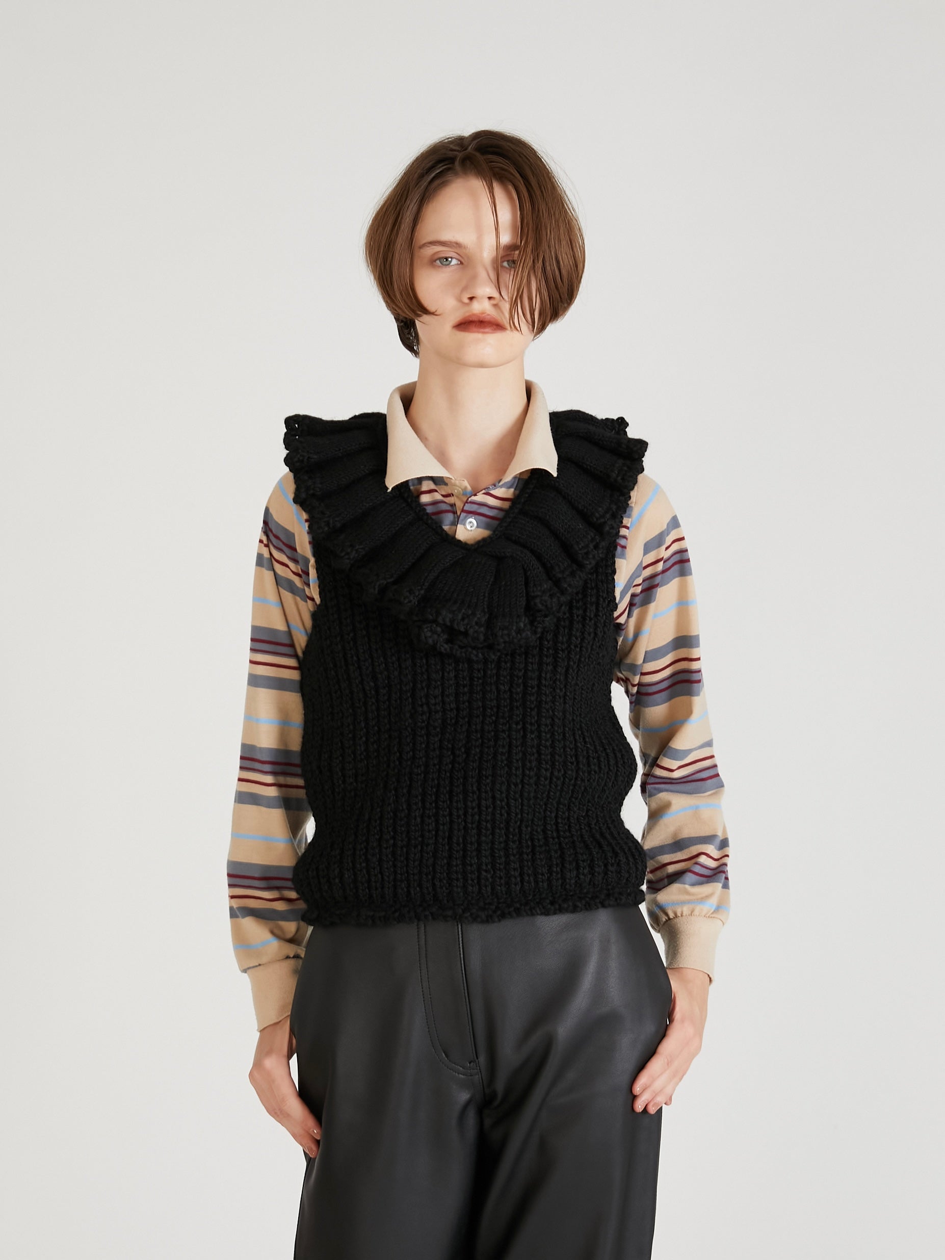 hand knit ruffle vest|IVORY