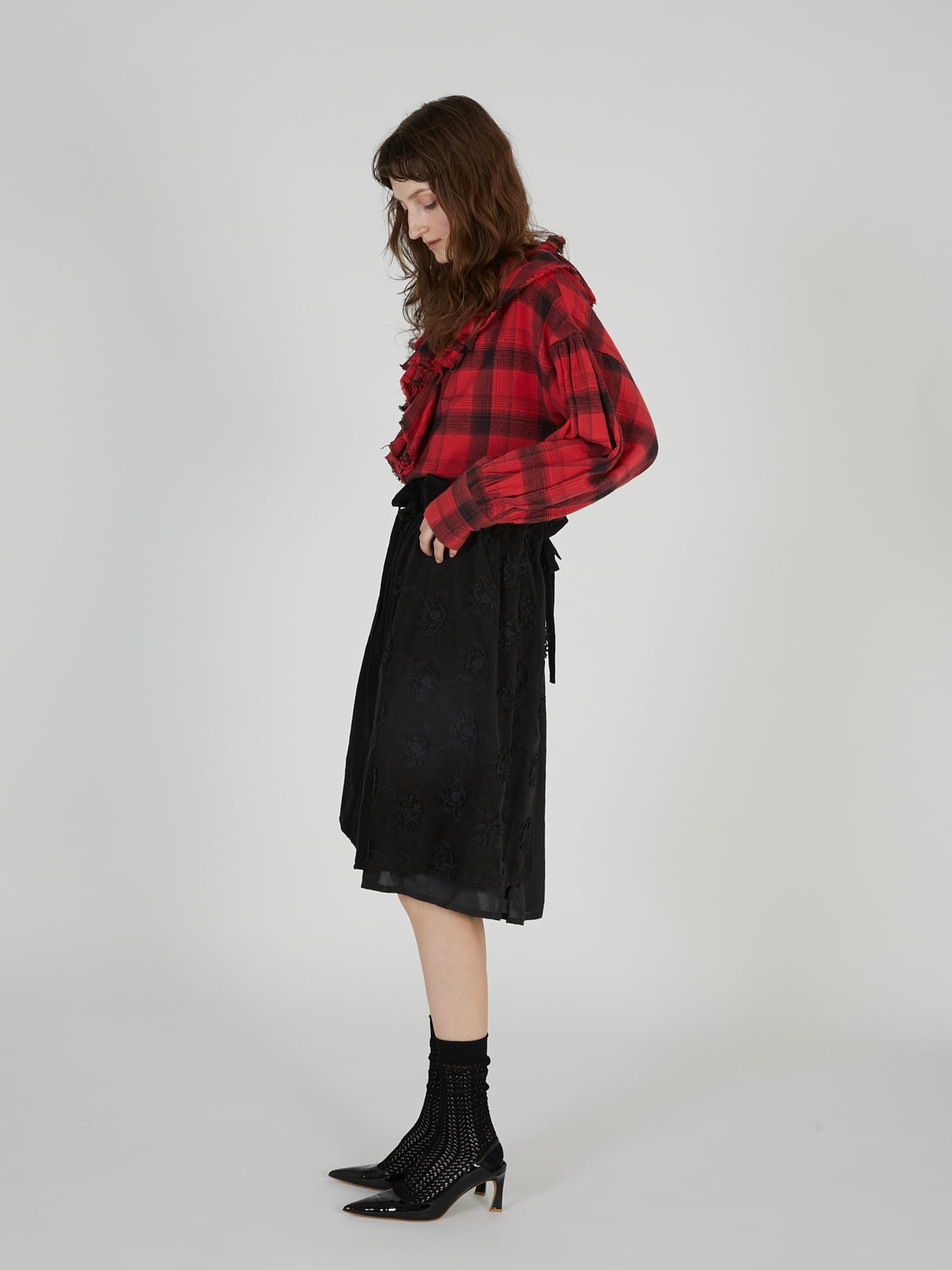 nel check ruffle blouse|RED