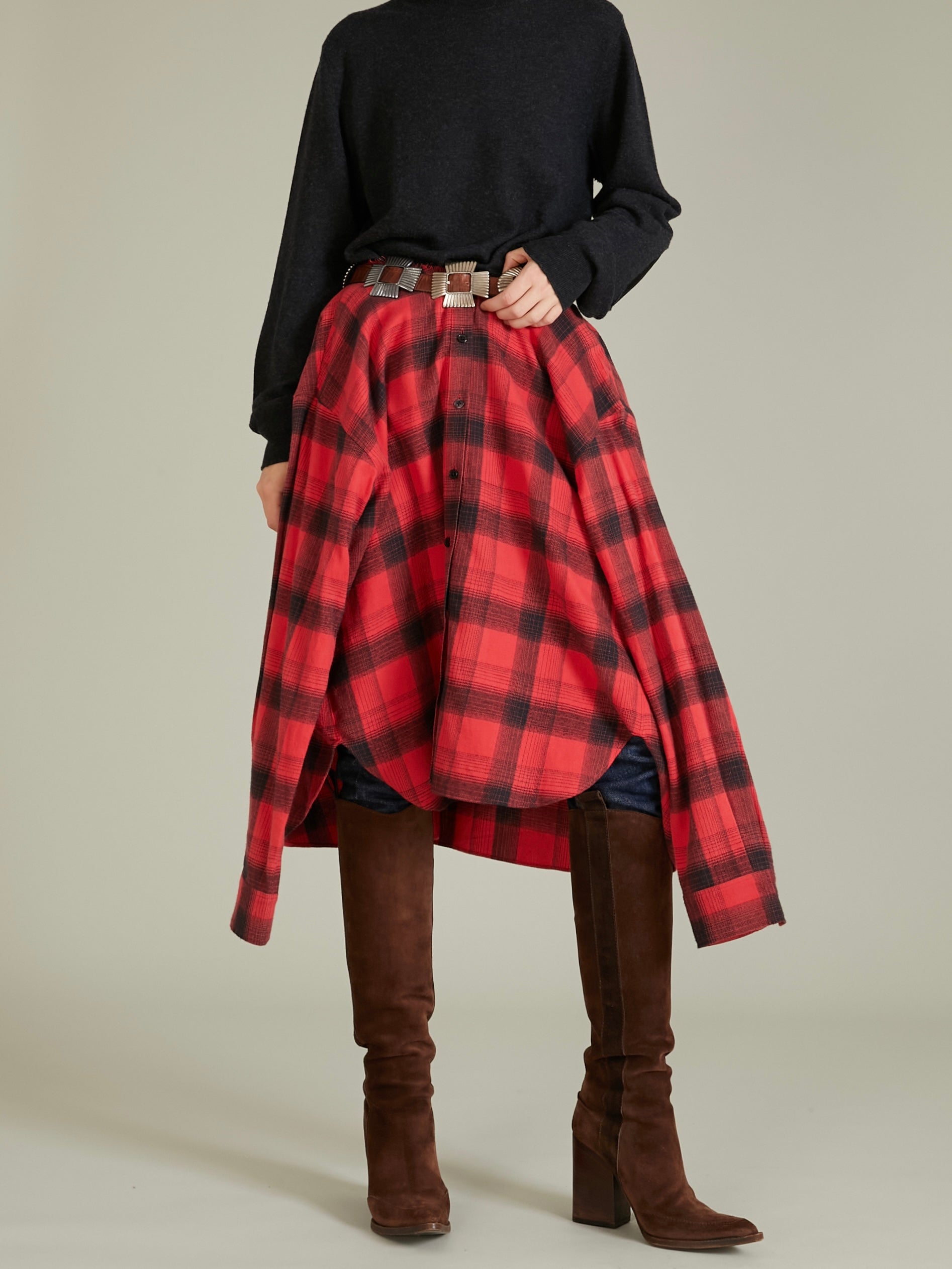 nel check shirt bustier|RED