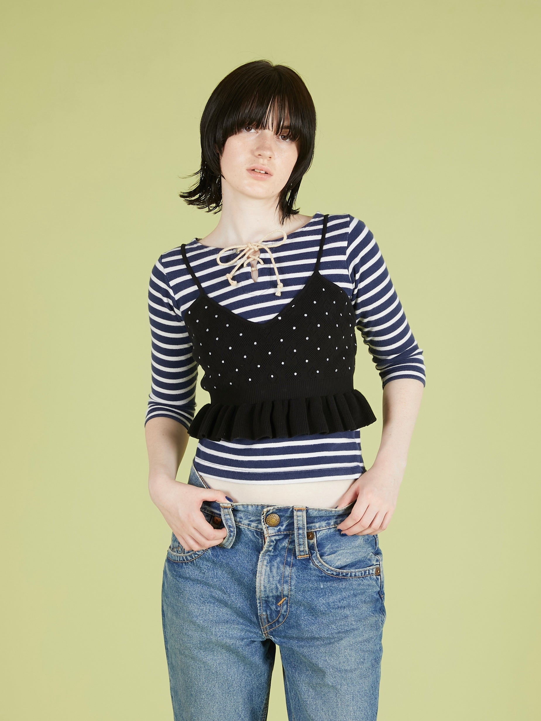 flower Jacquard dot camisole|BLACK