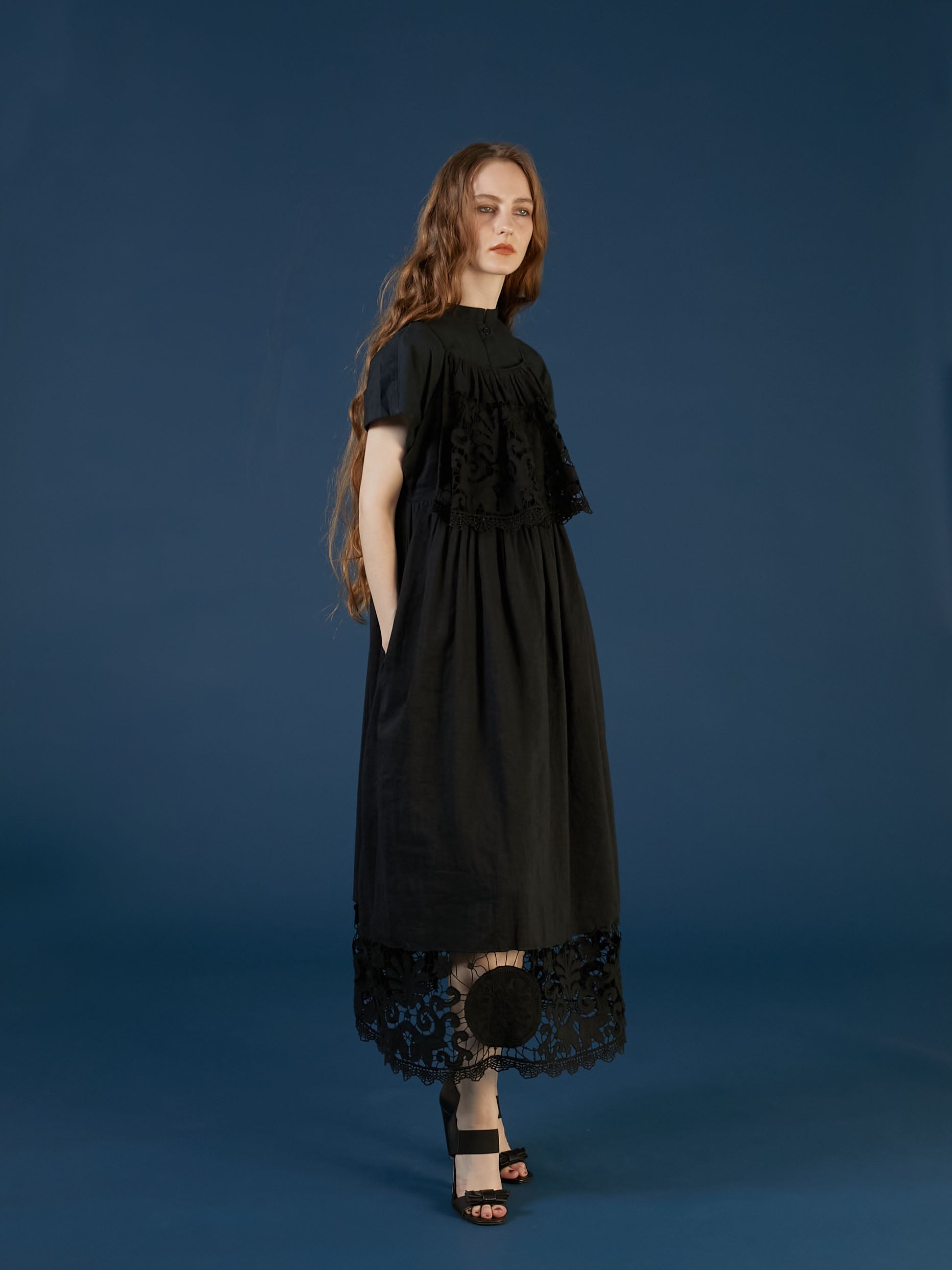 linen cotton motif lace cami dress | BLACK