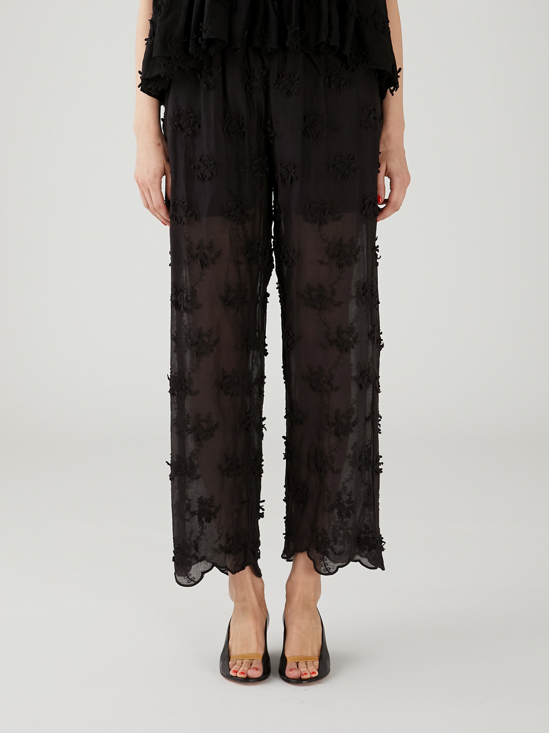 sheer cotton 3D embroidery easy pants | BLACK