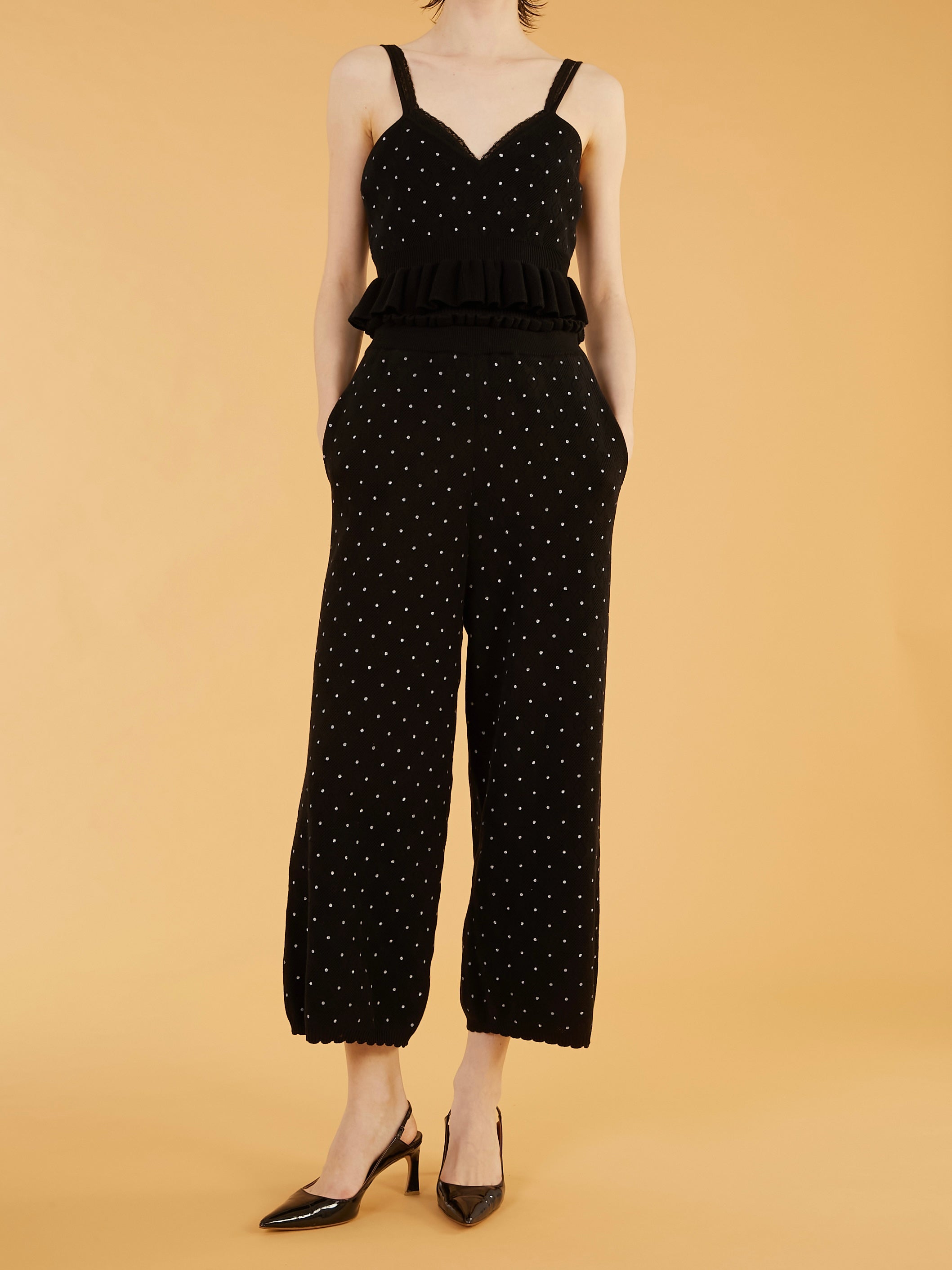 flower Jacquard dot pants|BLACK