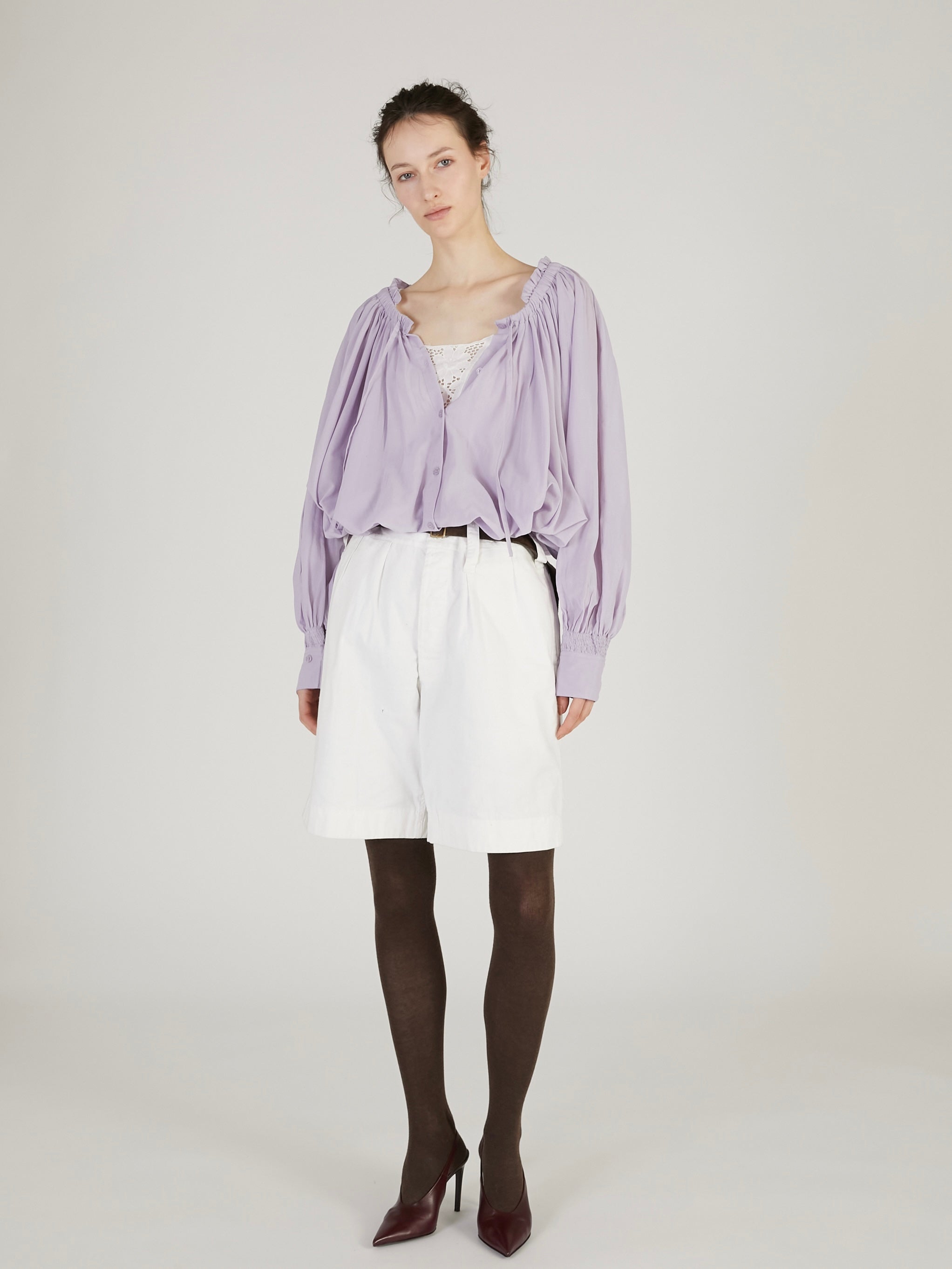 sheer gather volume blouse |LAVENDER