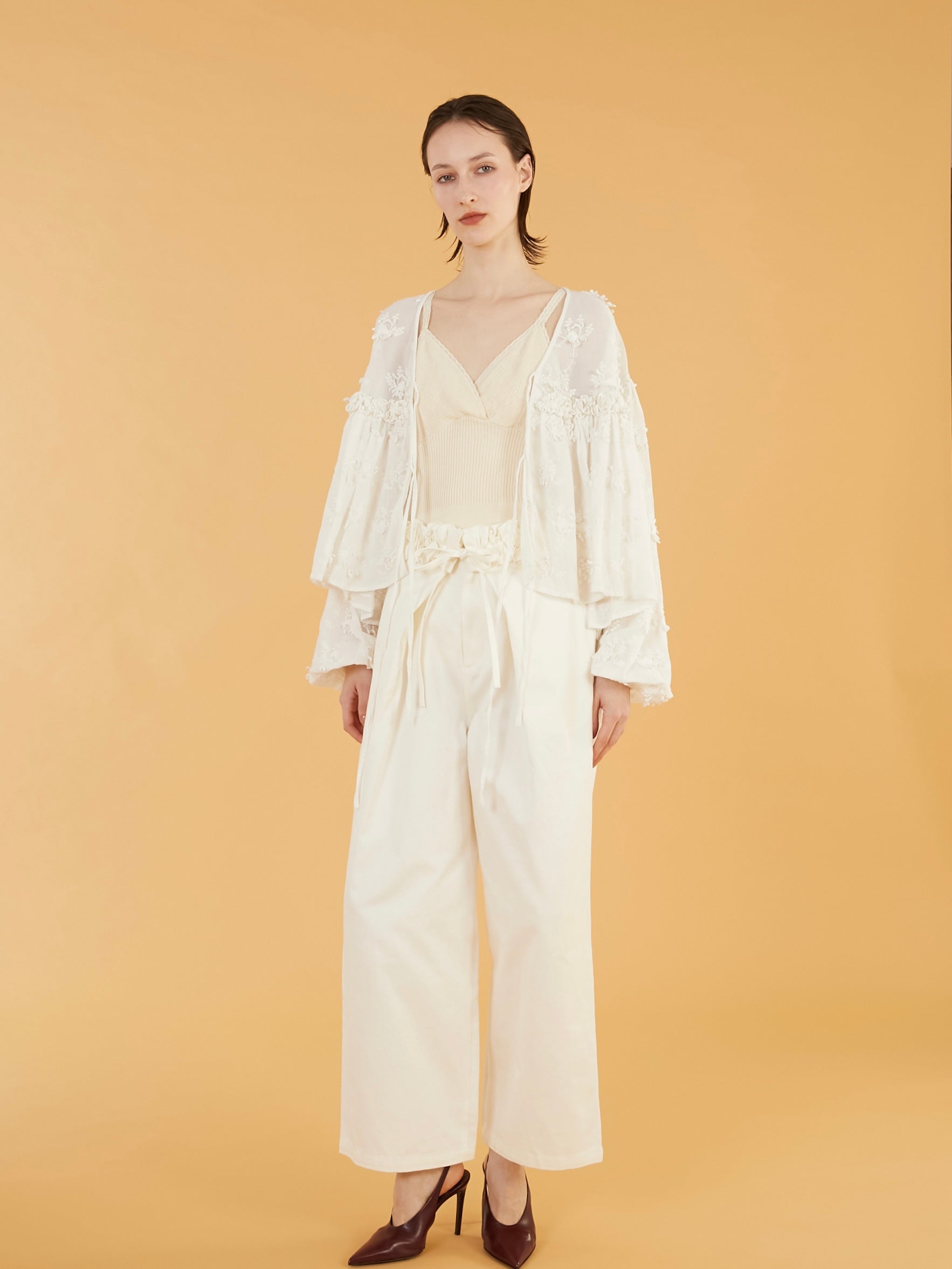 3D embroidery gather bolero|WHITE