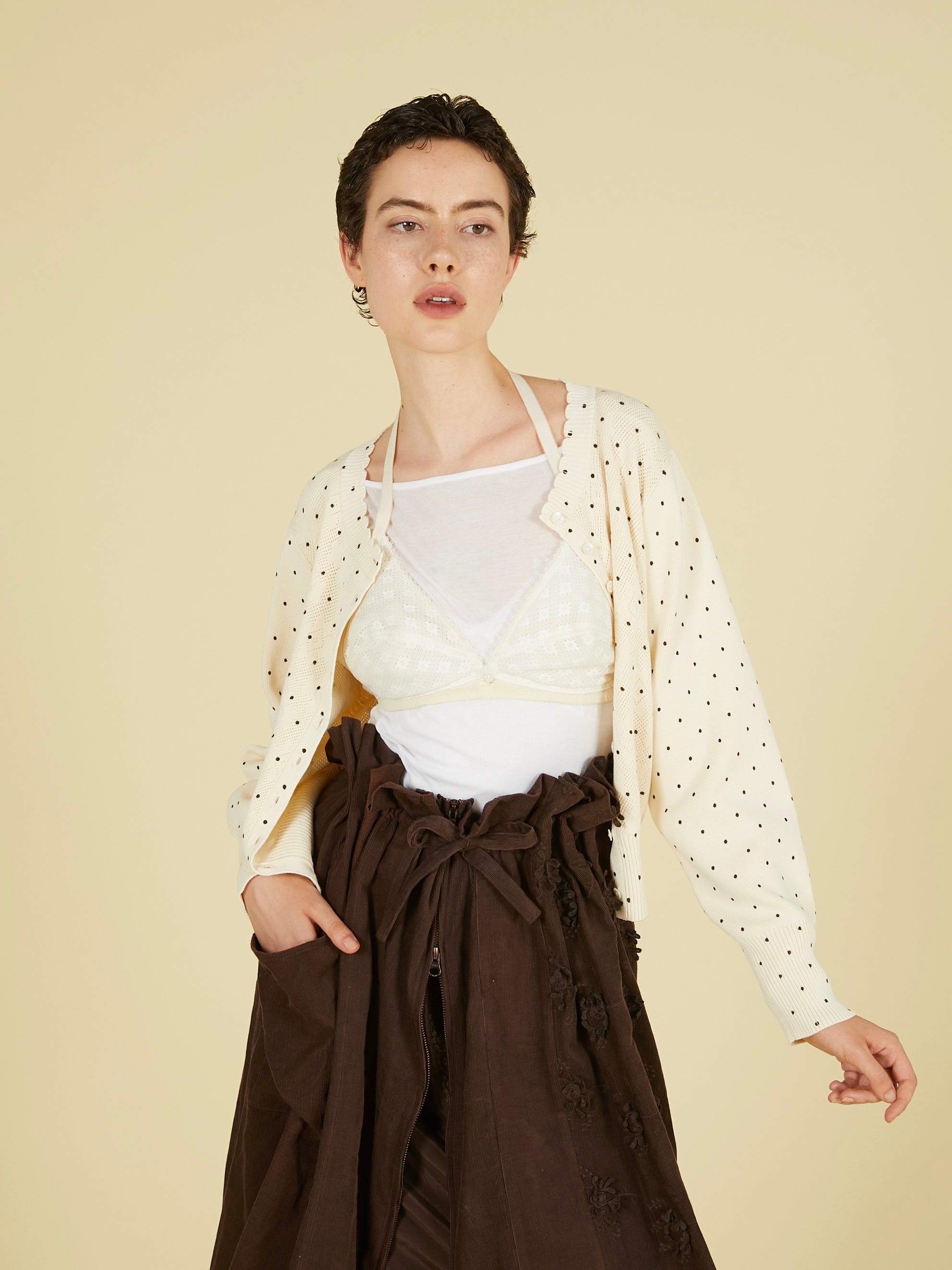 flower Jacquard dot cardigan|IVORY