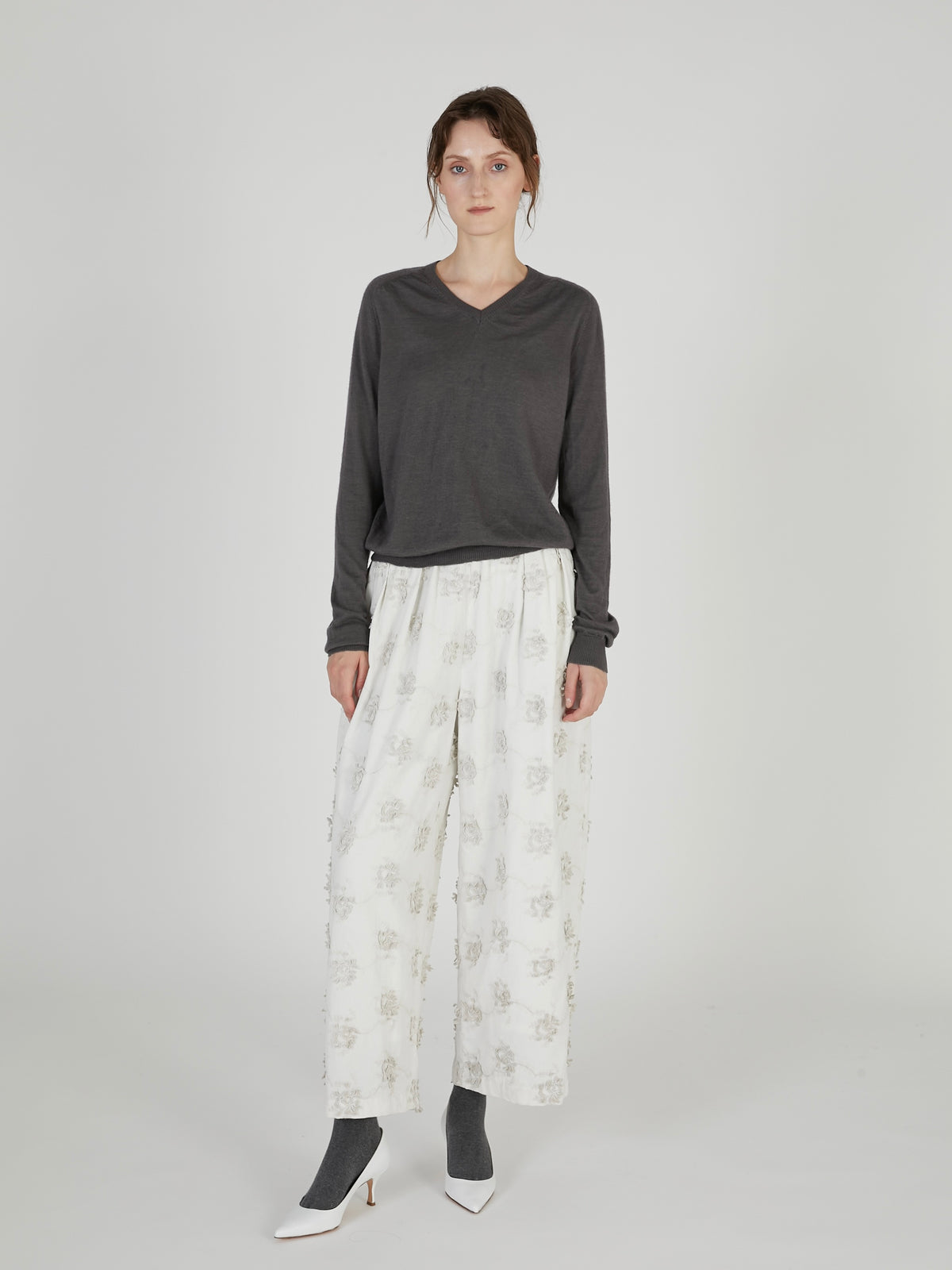 3D embroidery corduroy pants|WHITE