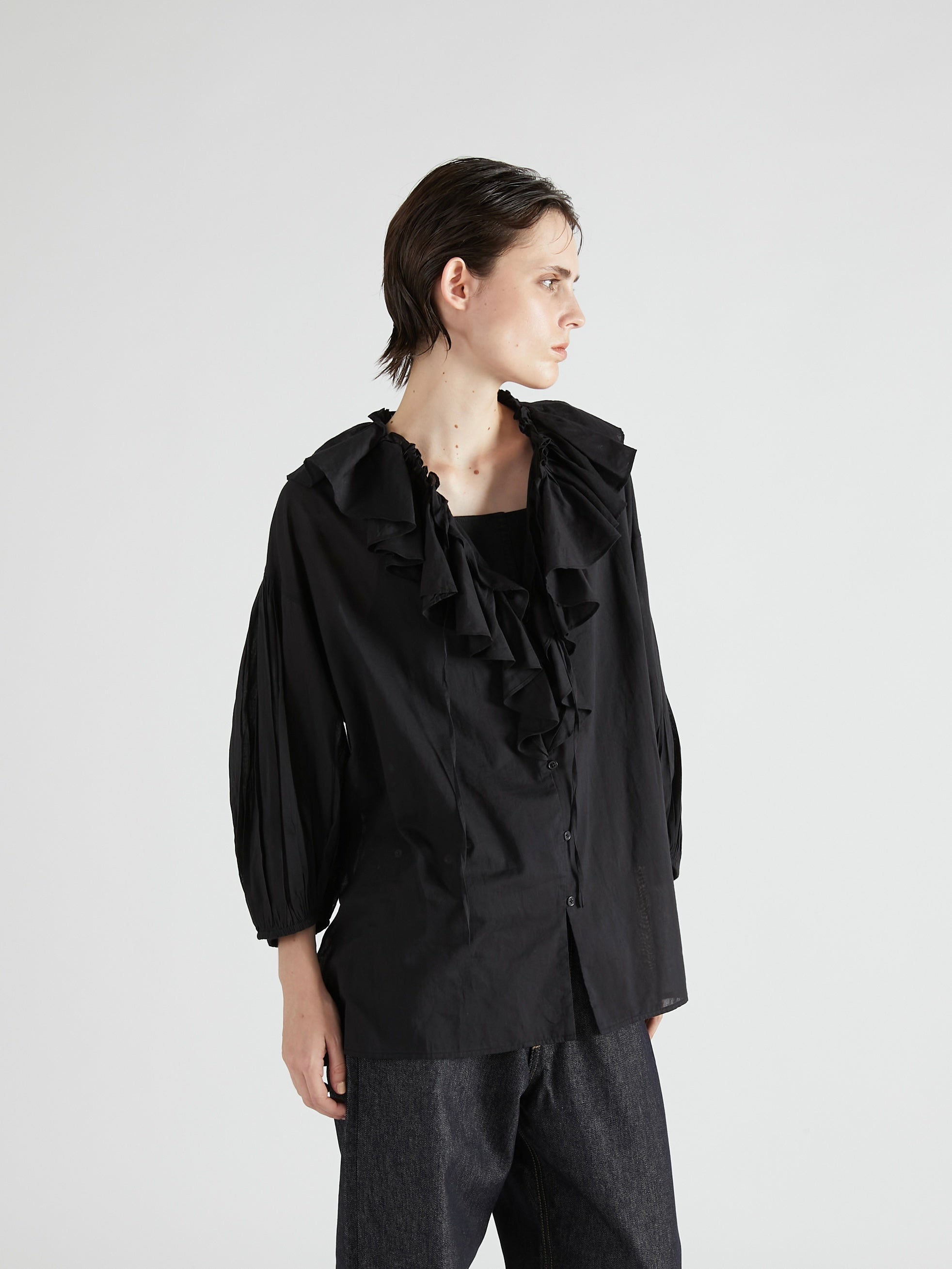 sheer ruffle blouse|BLACK