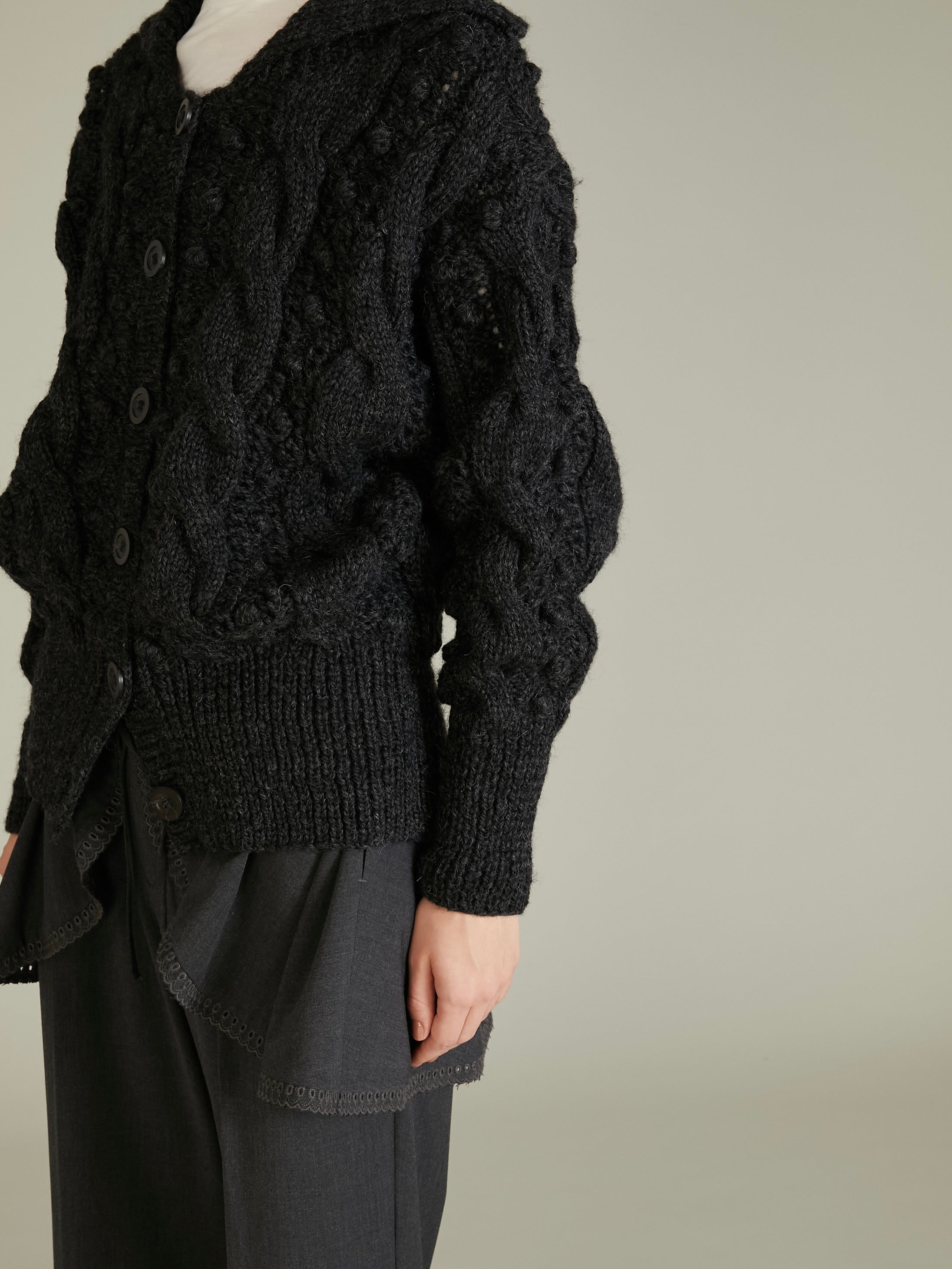 popcorn hand knit cardigan|CHARCOAL GRAY