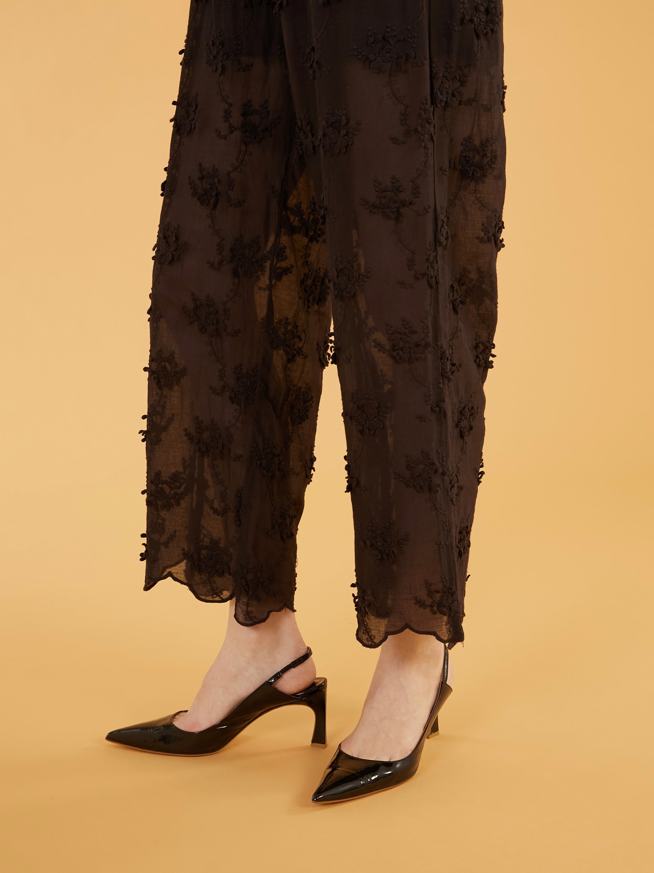 sheer cotton 3D embroidery easy pants|BLACK