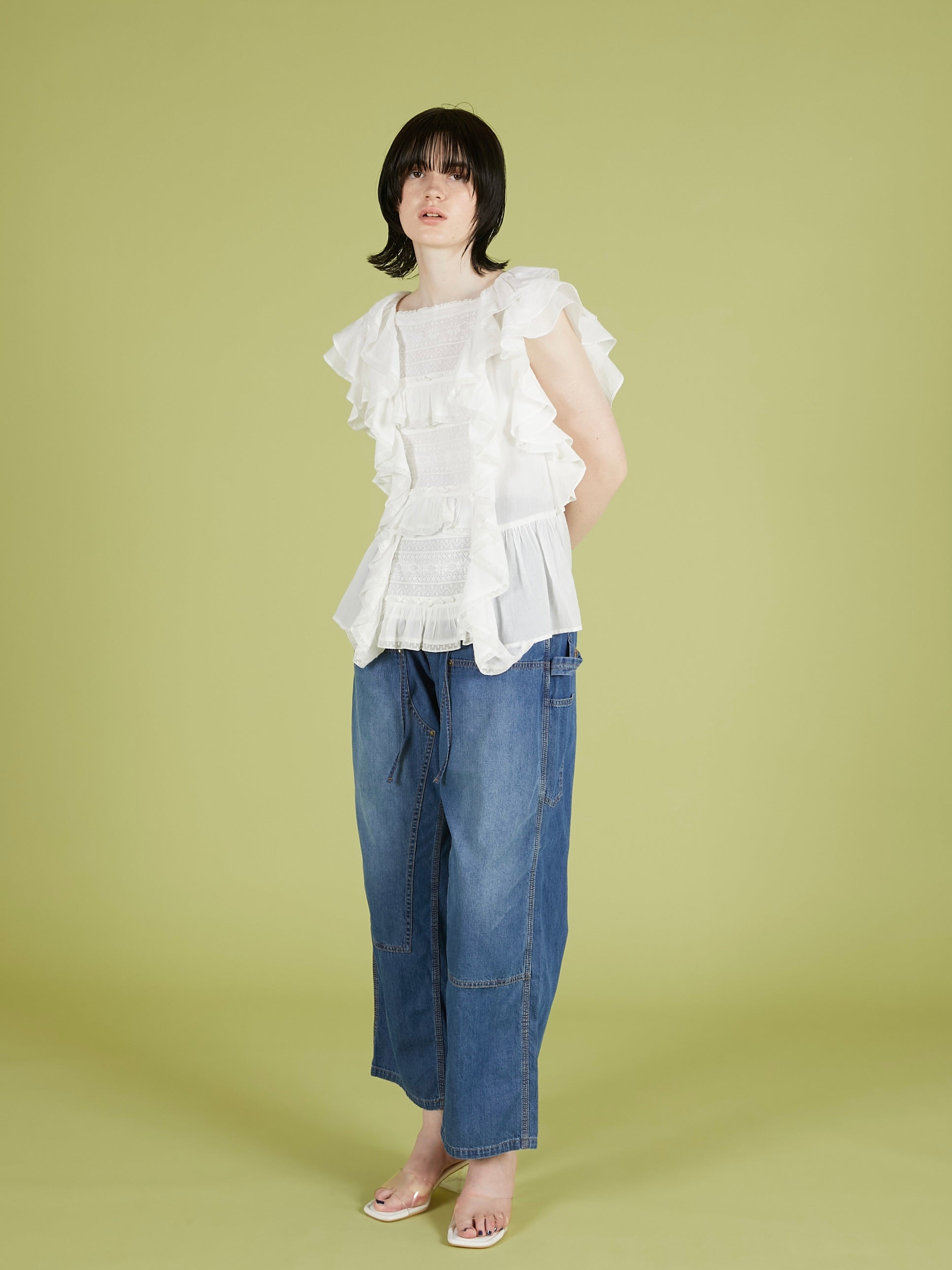 frill lace nosleeve blouse|WHITE