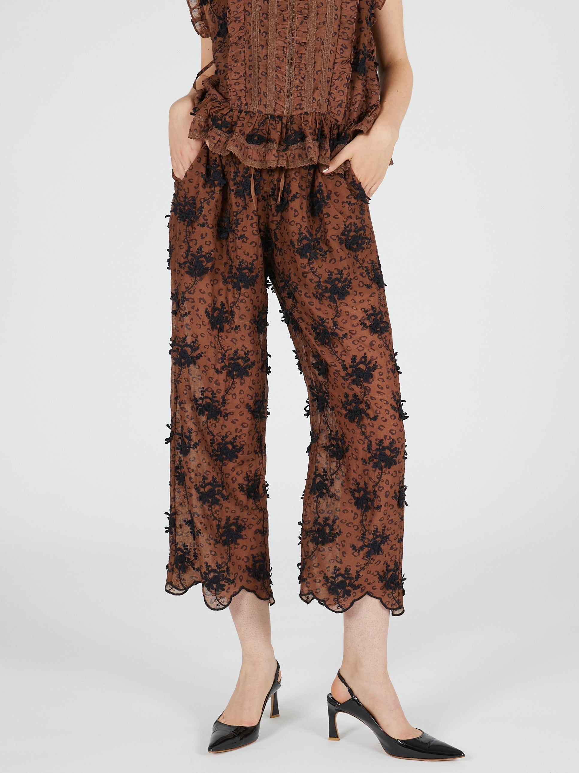 3D embroidery leopard easy pants|BROWN