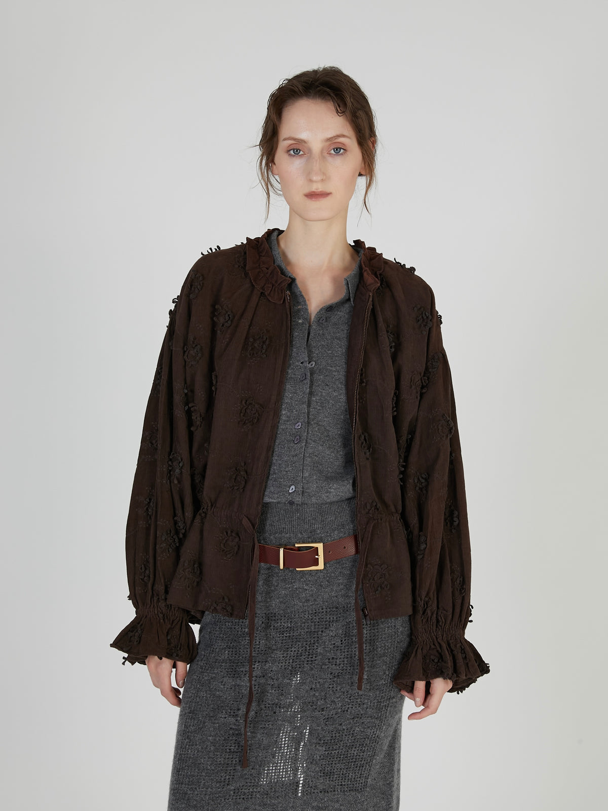 3D embroidery corduroy blouson|BROWN