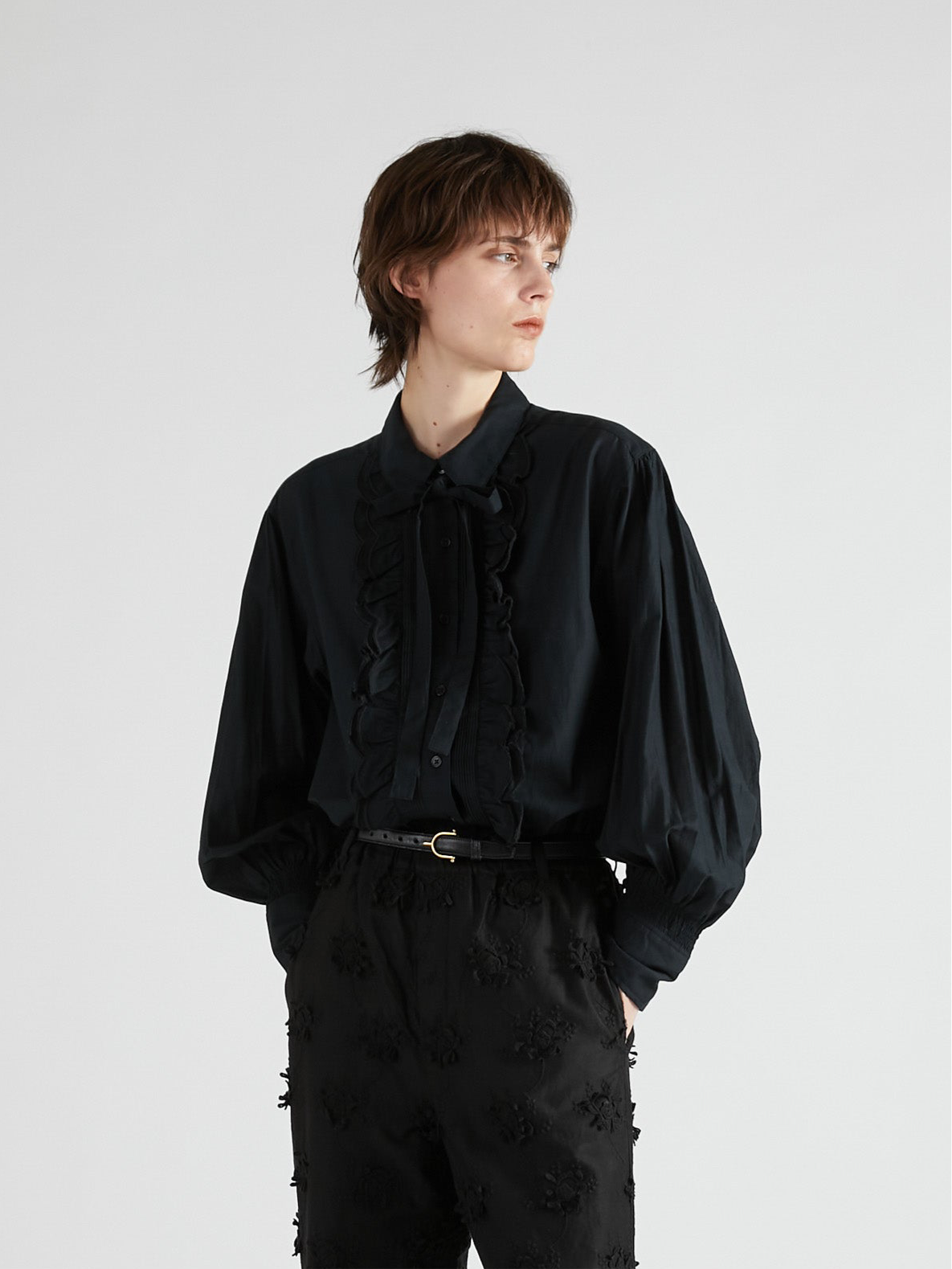 front scallop ribbon blouse|BLACK