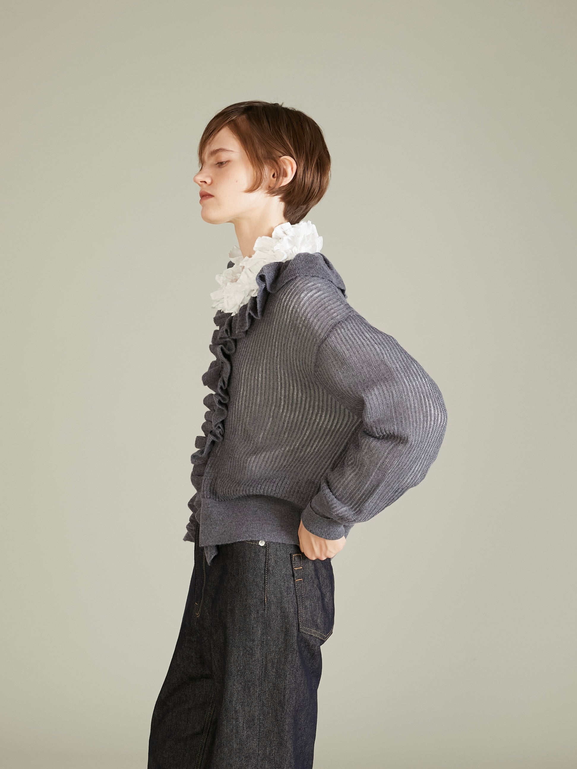 raffule frill cardigan|GRAY