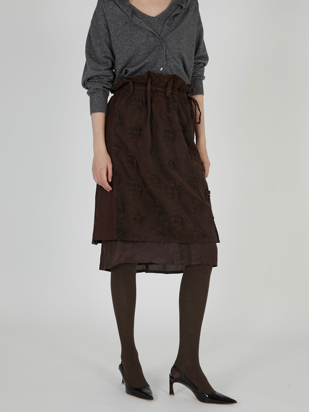3D embroidery corduroy apron skirt|BROWN