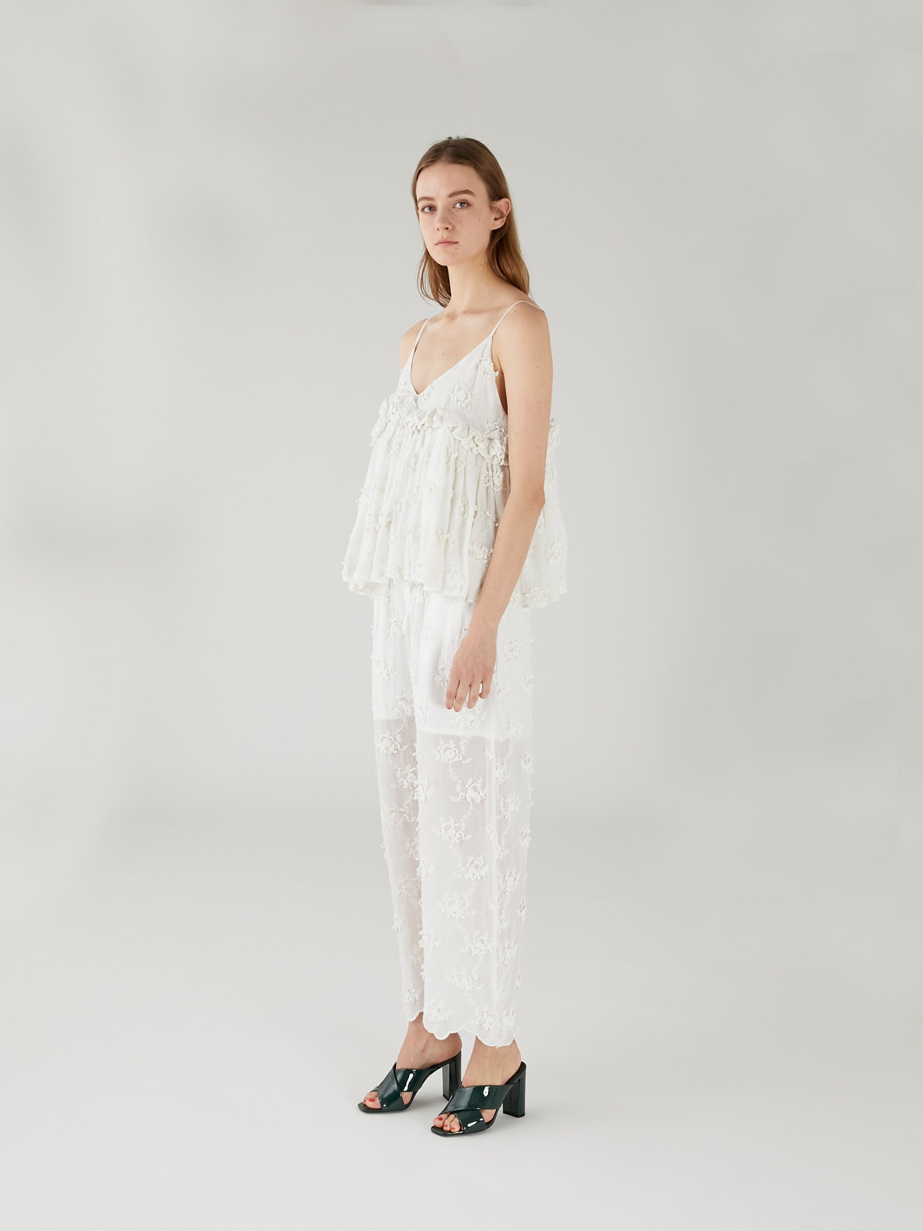 sheer cotton 3D embroidery easy pants | WHITE