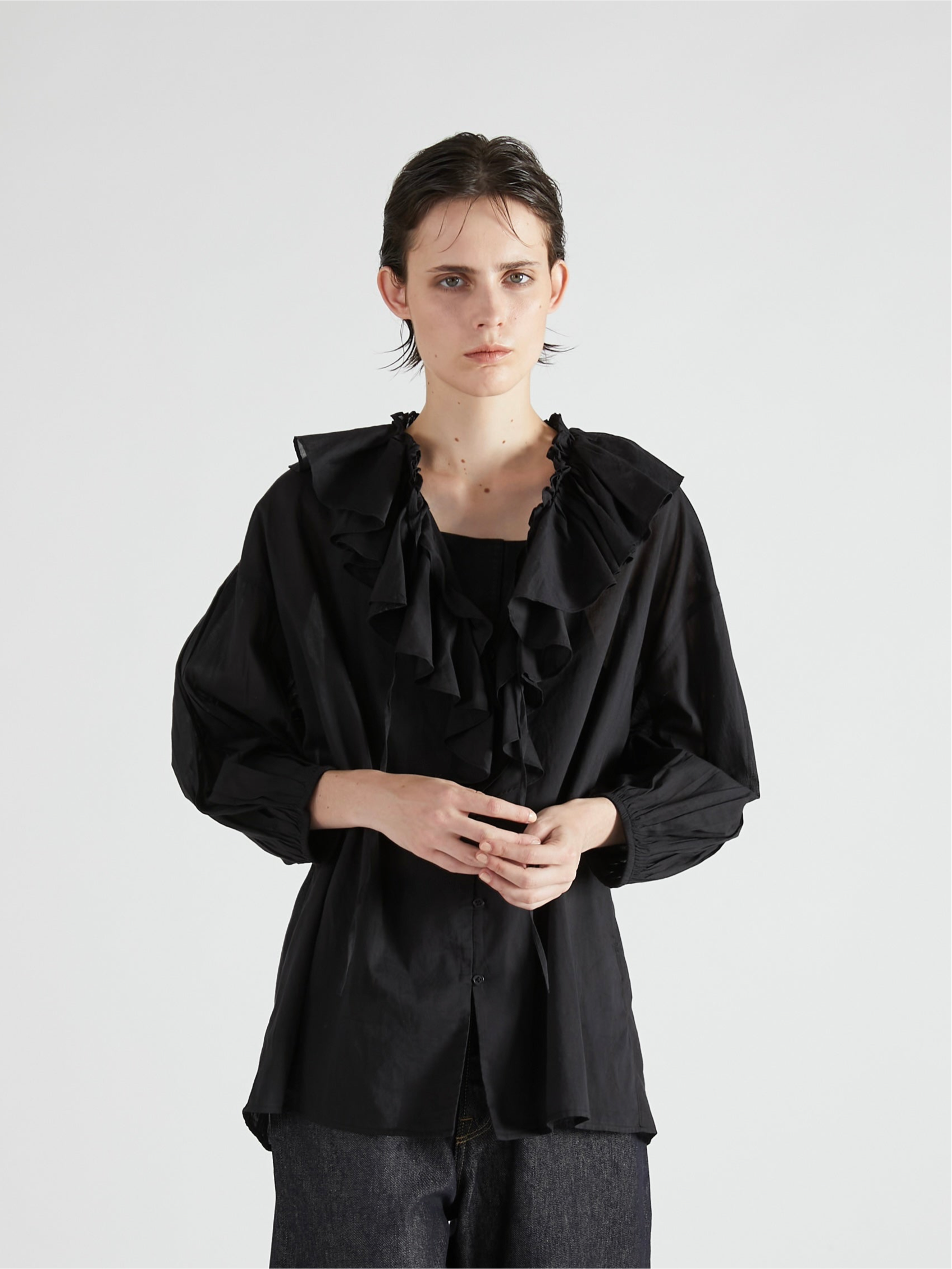 sheer ruffle blouse|BLACK