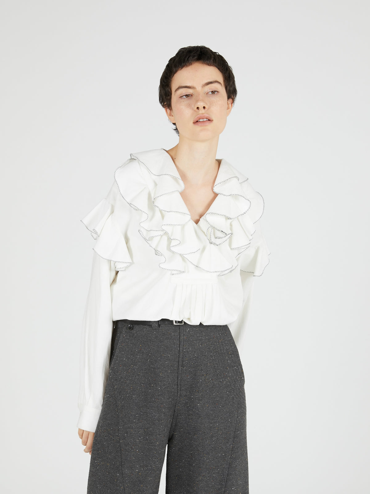 double front ruffle collar blouse|WHITE
