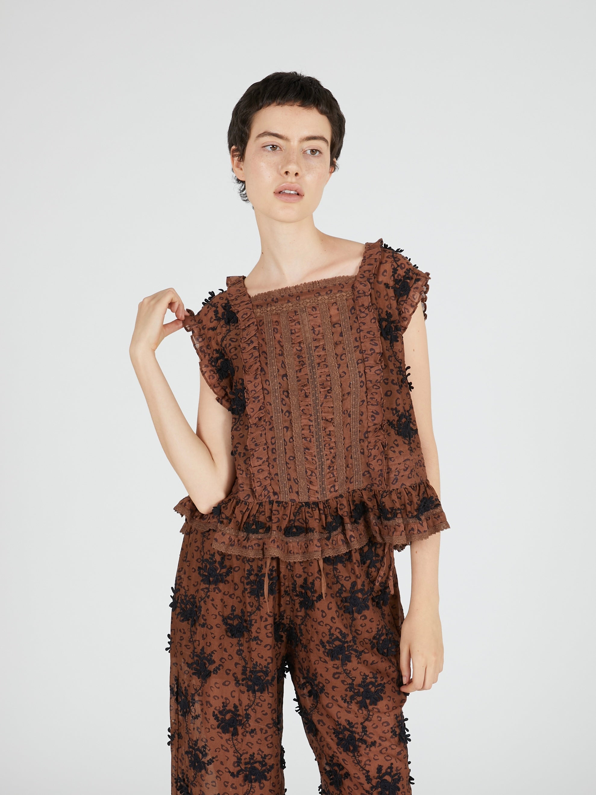 3D embroidery leopard blouse|BROWN