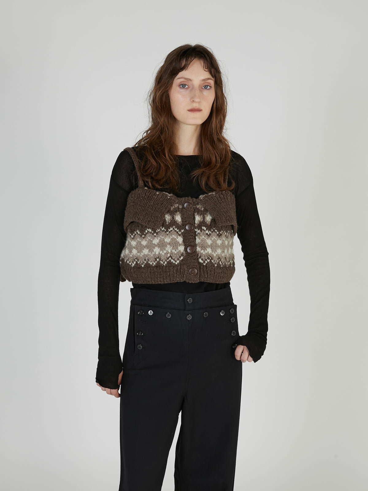fair isle fringe hand knit bustier｜BROWN