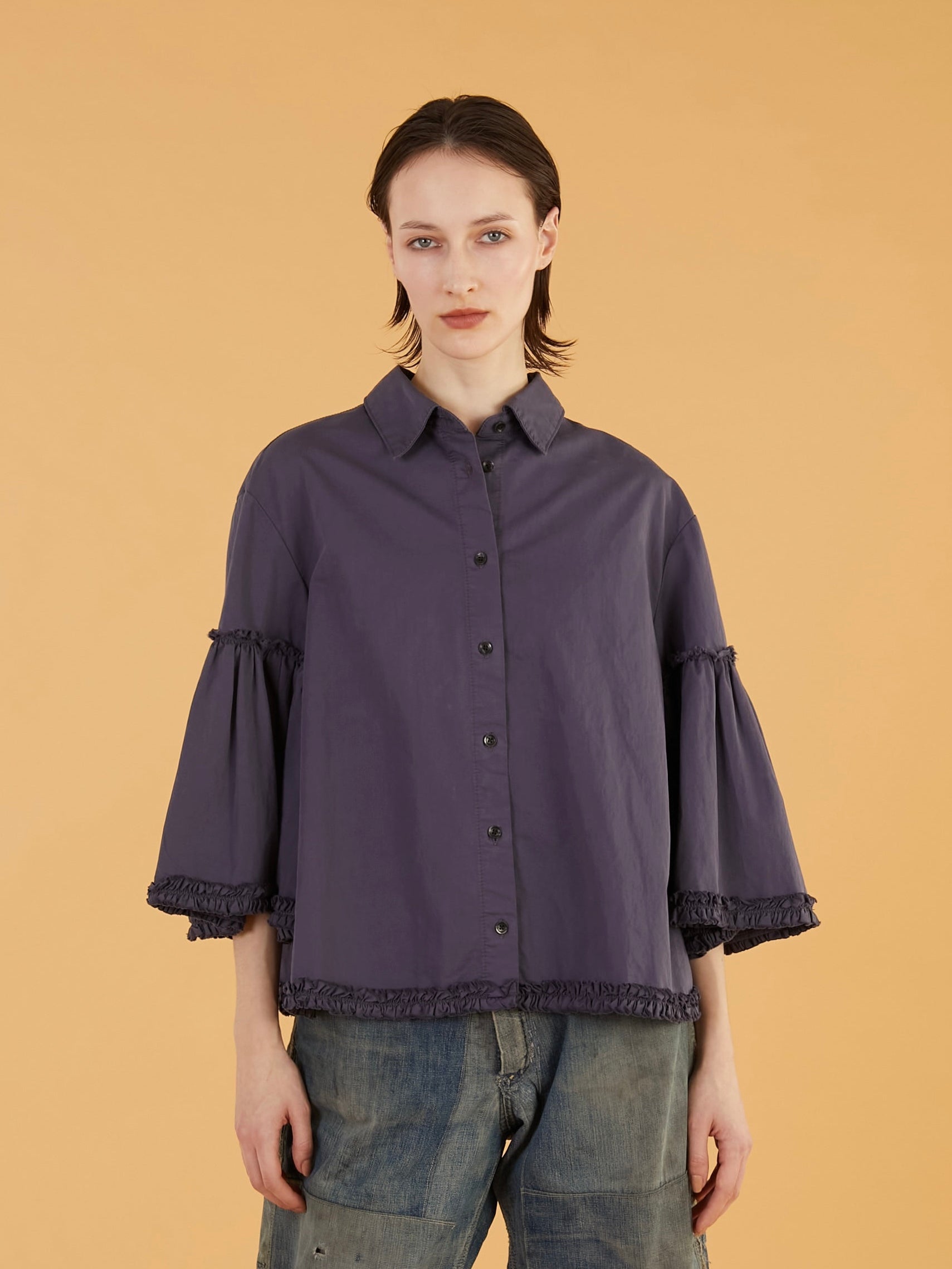 garment dye frill shirts｜NAVY