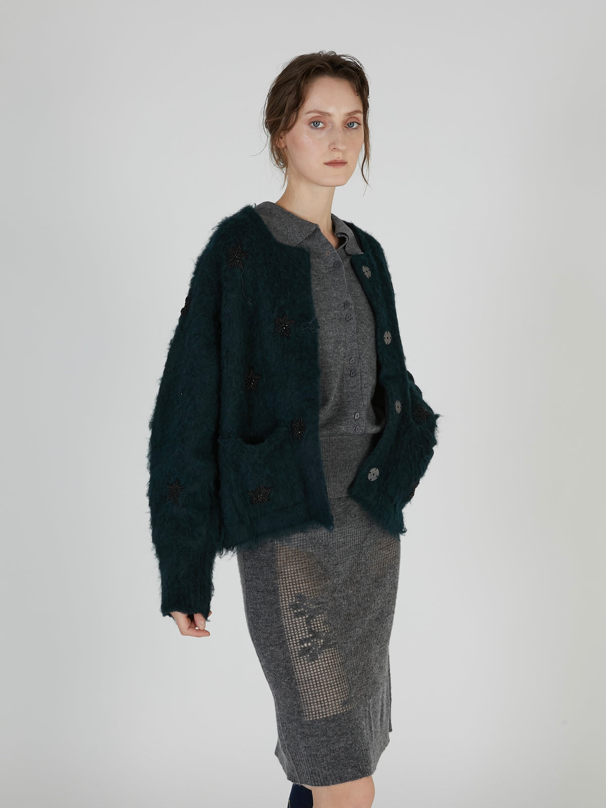 shaggy beads knit jacket｜GREEN