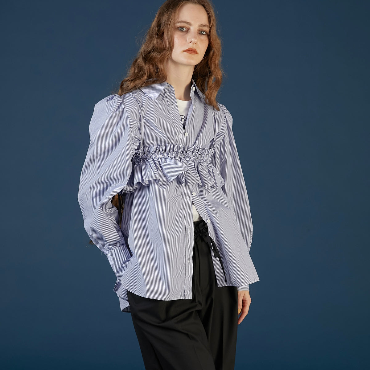 gathered cami puff sleeve shirts ｜BLUE