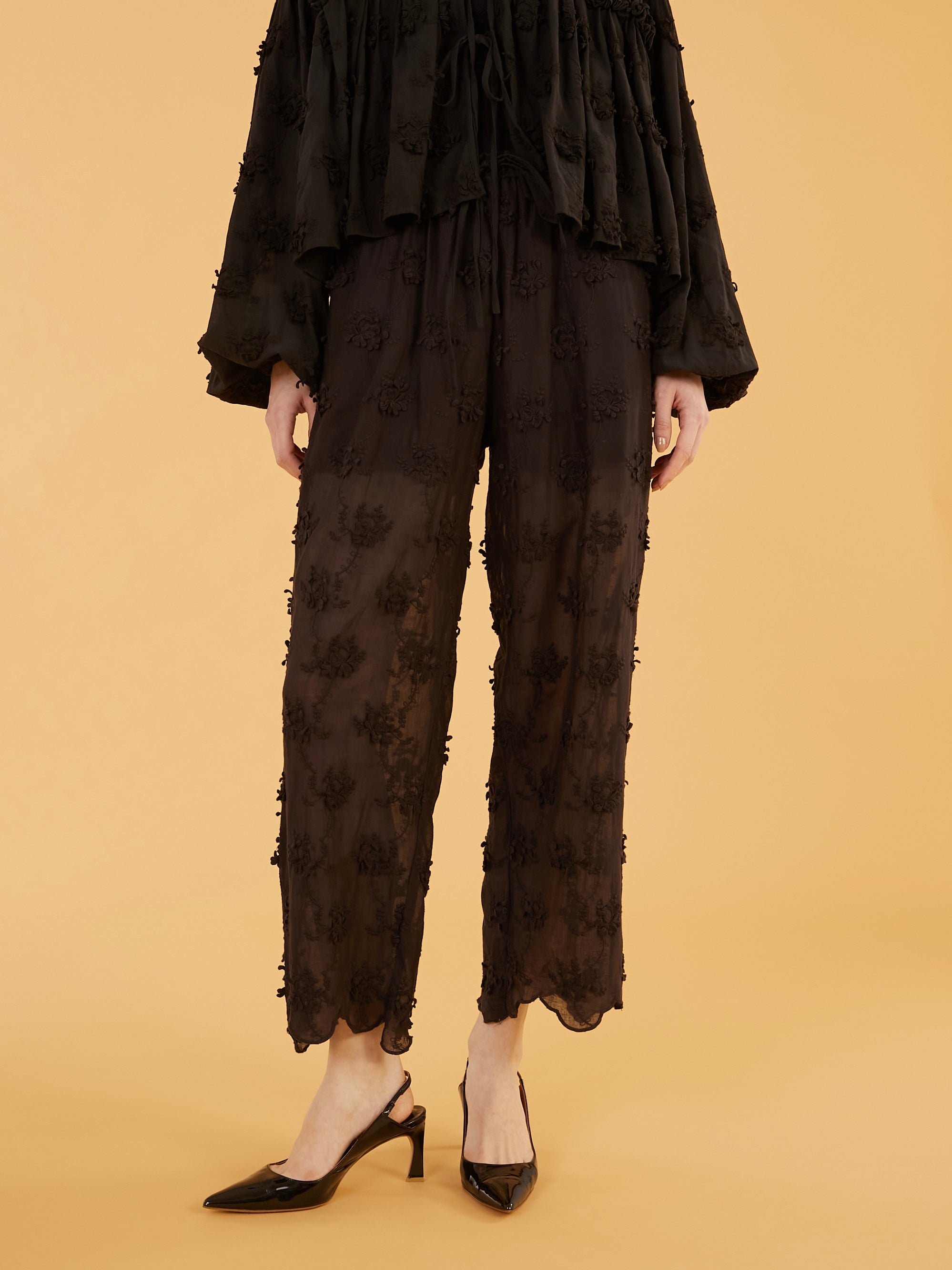 sheer cotton 3D embroidery easy pants｜WHITE