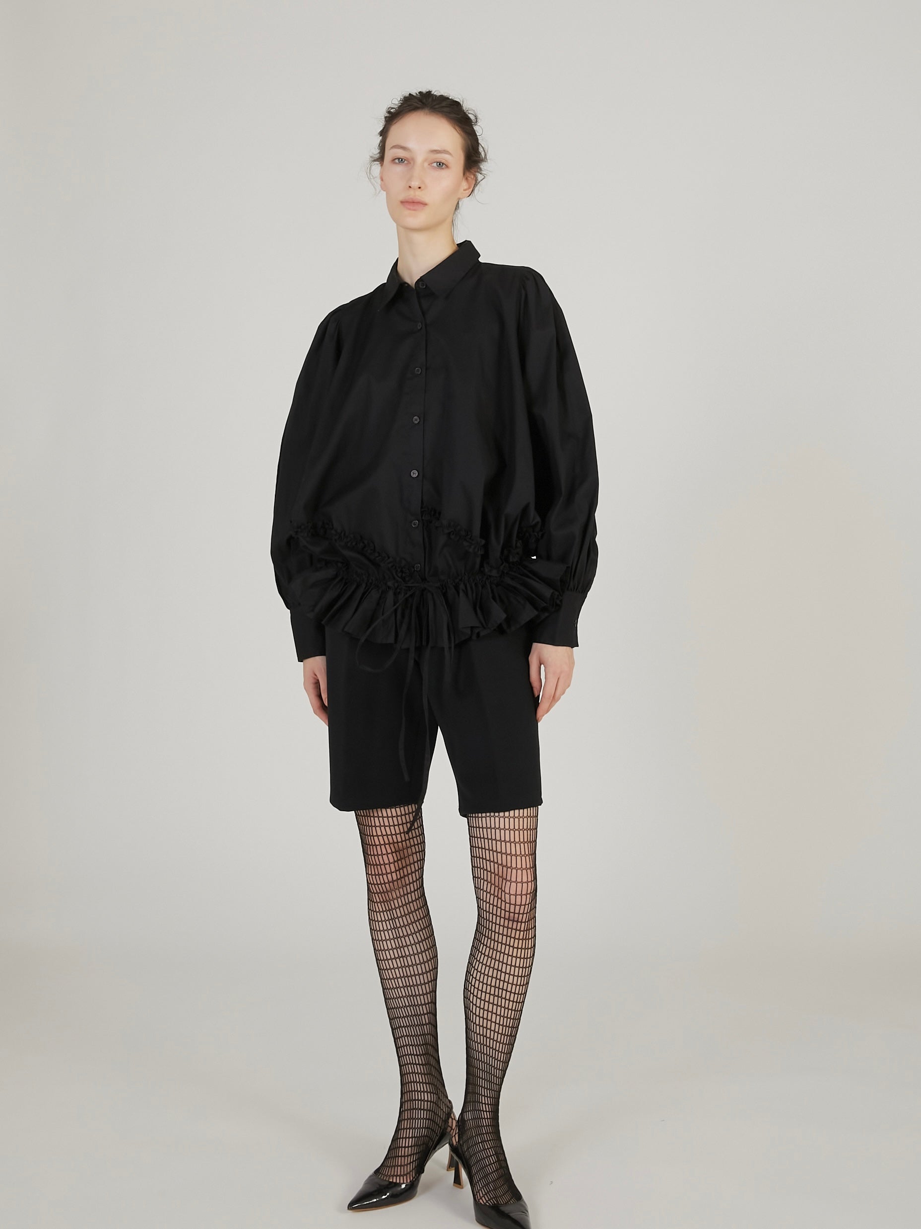 frill hem long sleeve shirts｜BLACK