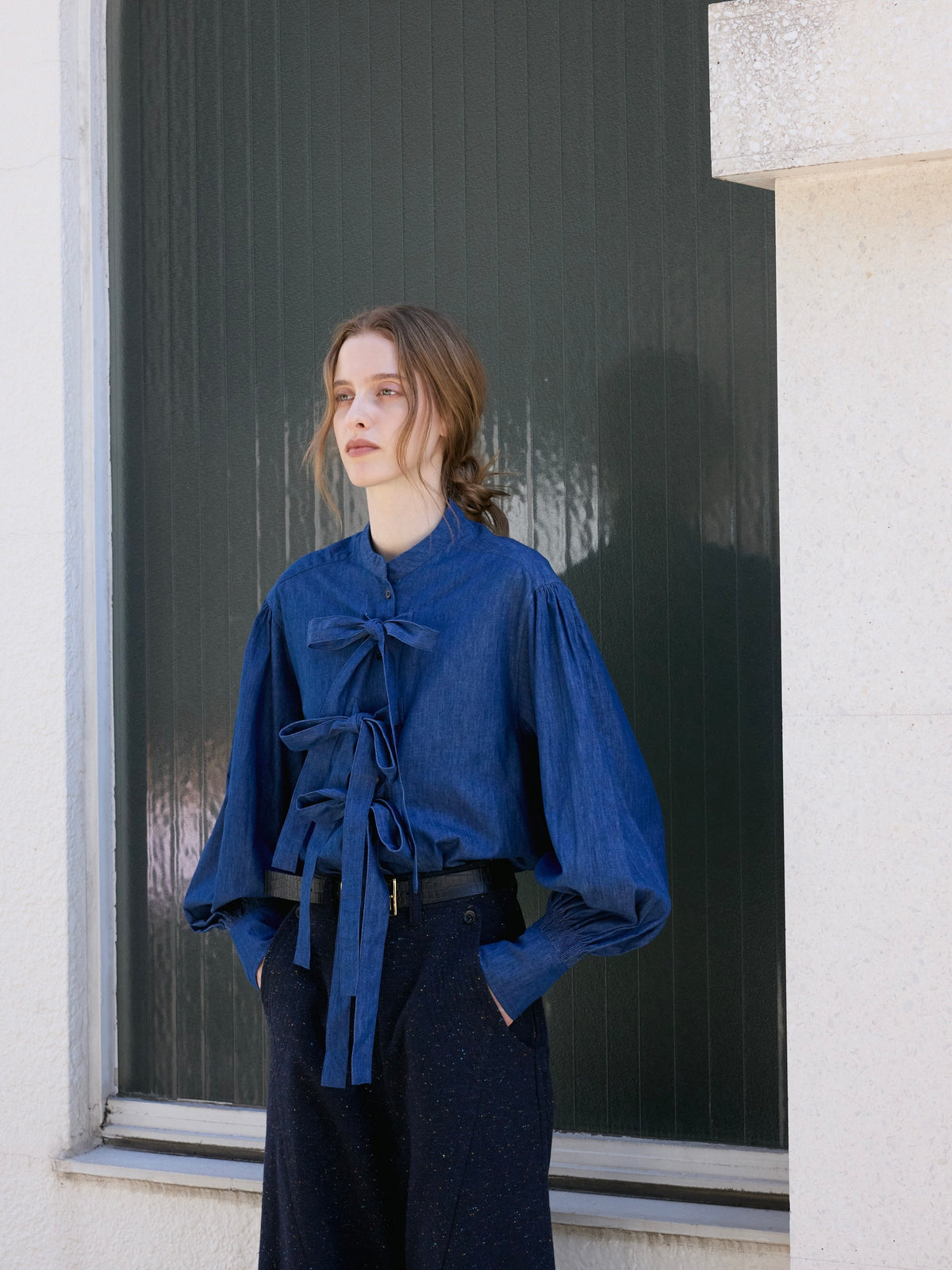 indigo ribbon blouse｜NAVY