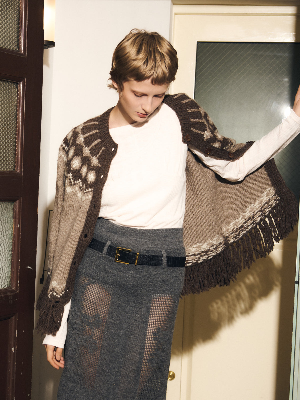 fair isle fringe hand knit cardigan｜BROWN