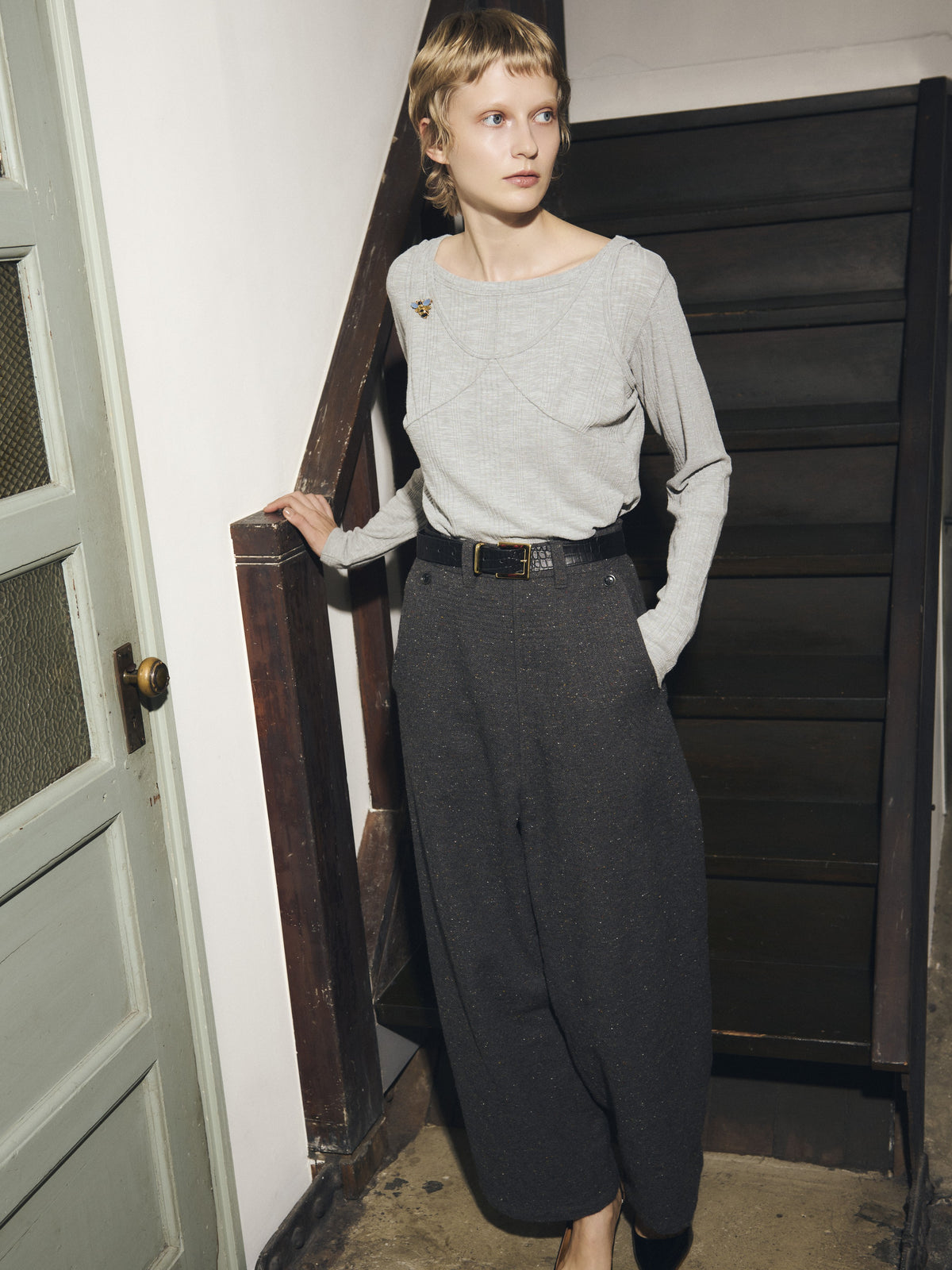 tweed stitch pants｜GREY
