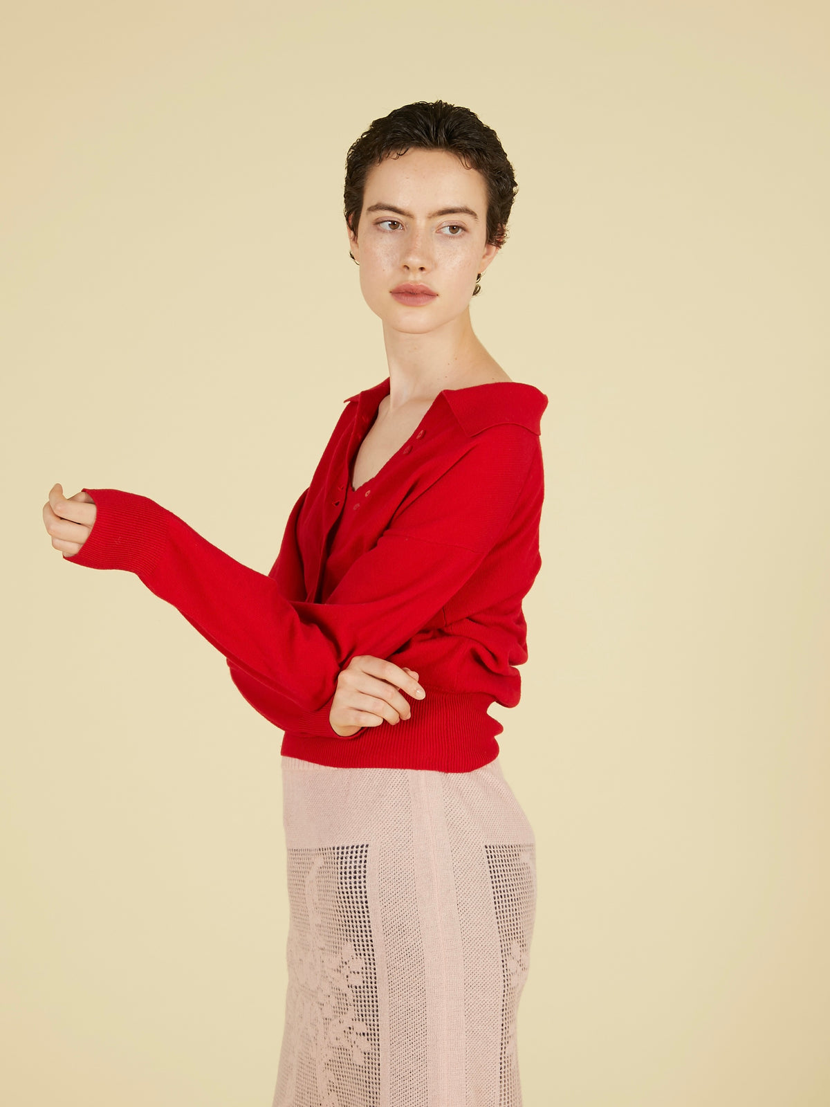 slow off knit top｜RED