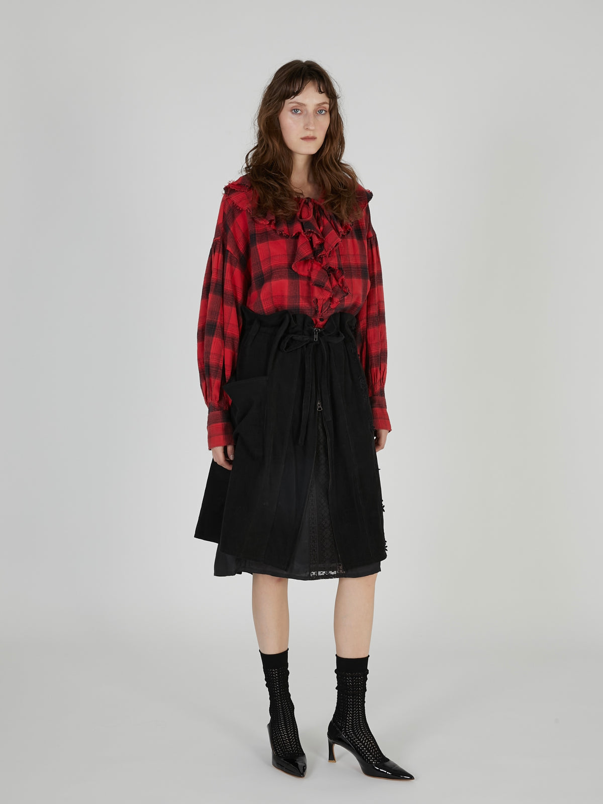 nel check ruffle blouse｜RED
