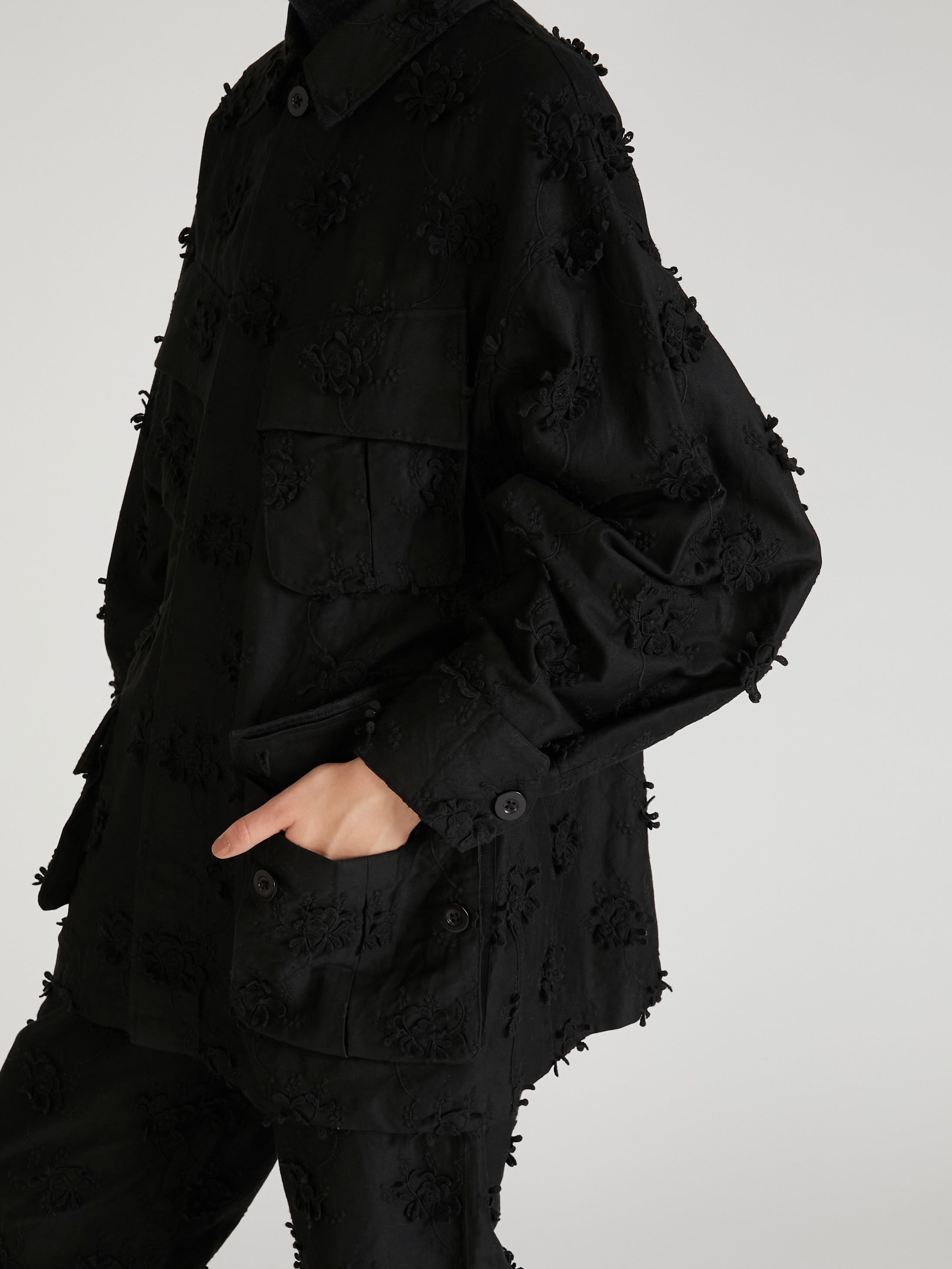 3D embroidery military shirt｜BLACK