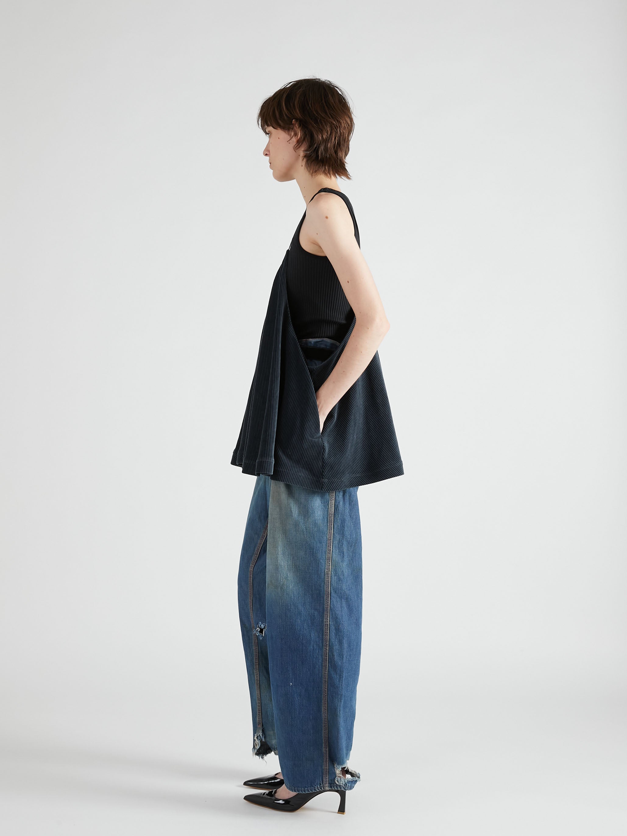 キャミソール 「crinkle crinkle crinkle」velvet border cami/ヴェルヴェットボーダーキャミ velvet border camisole｜BLACK