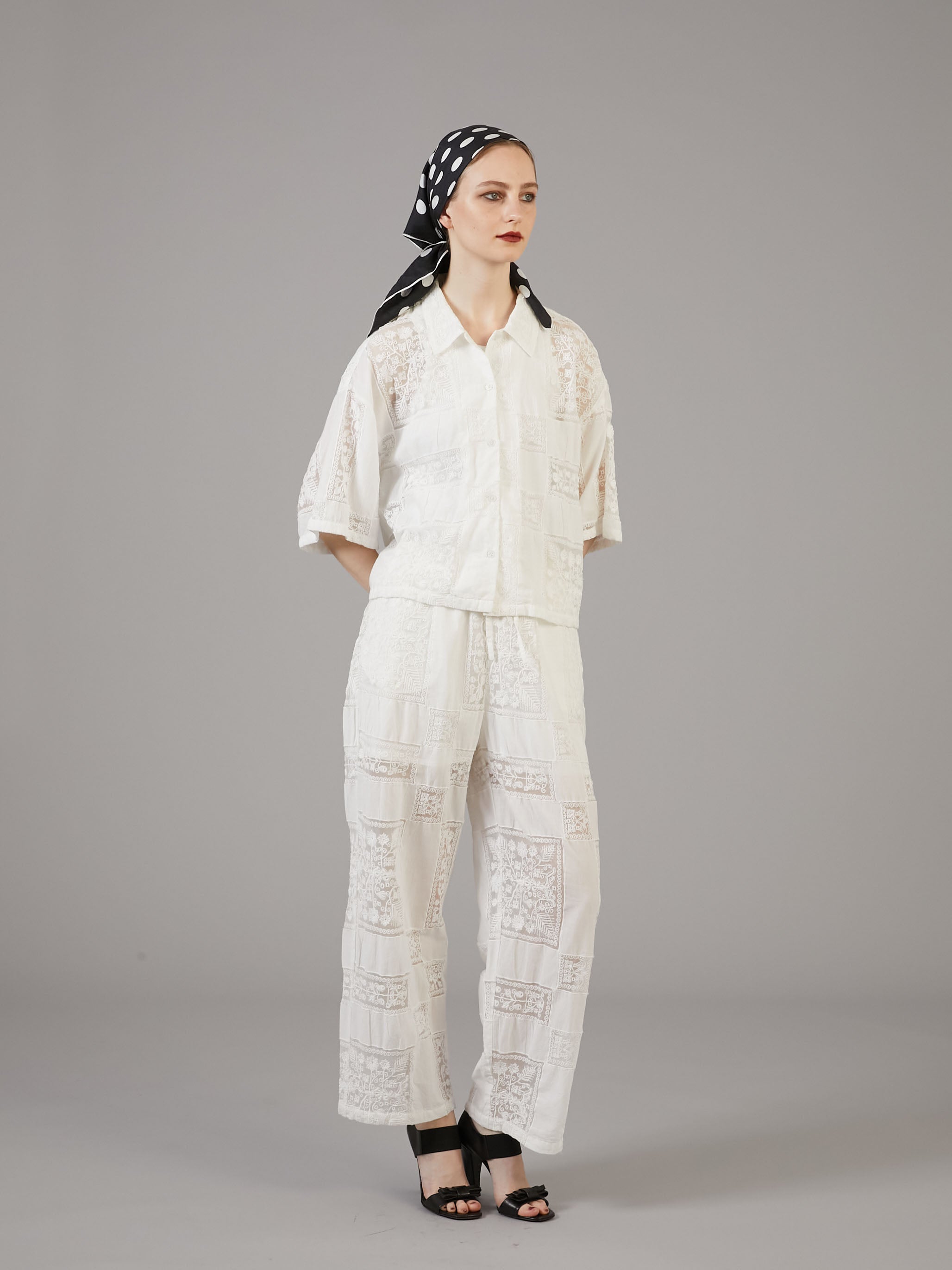 patchwork embroidery pants｜WHITE