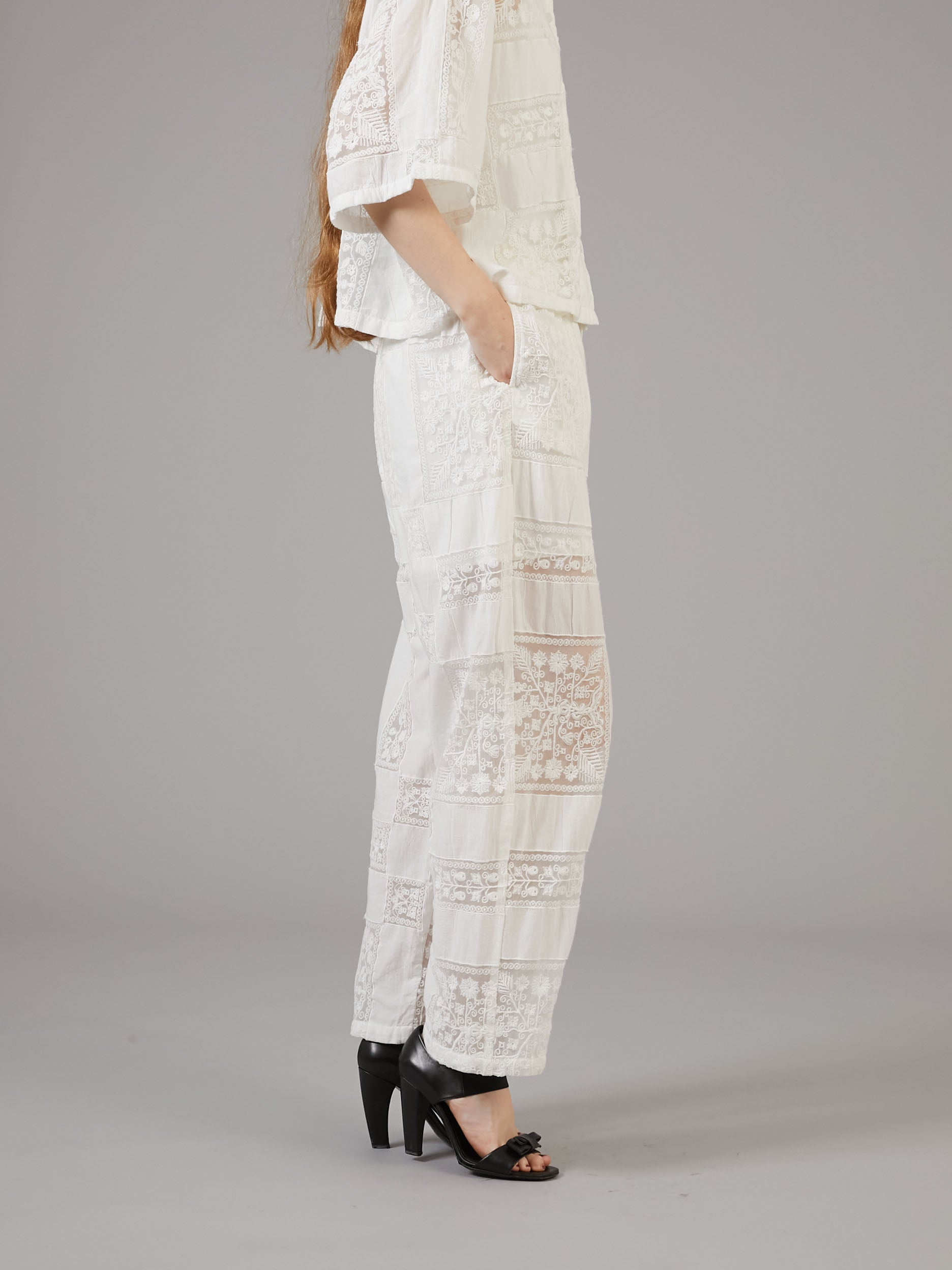 patchwork embroidery pants｜WHITE