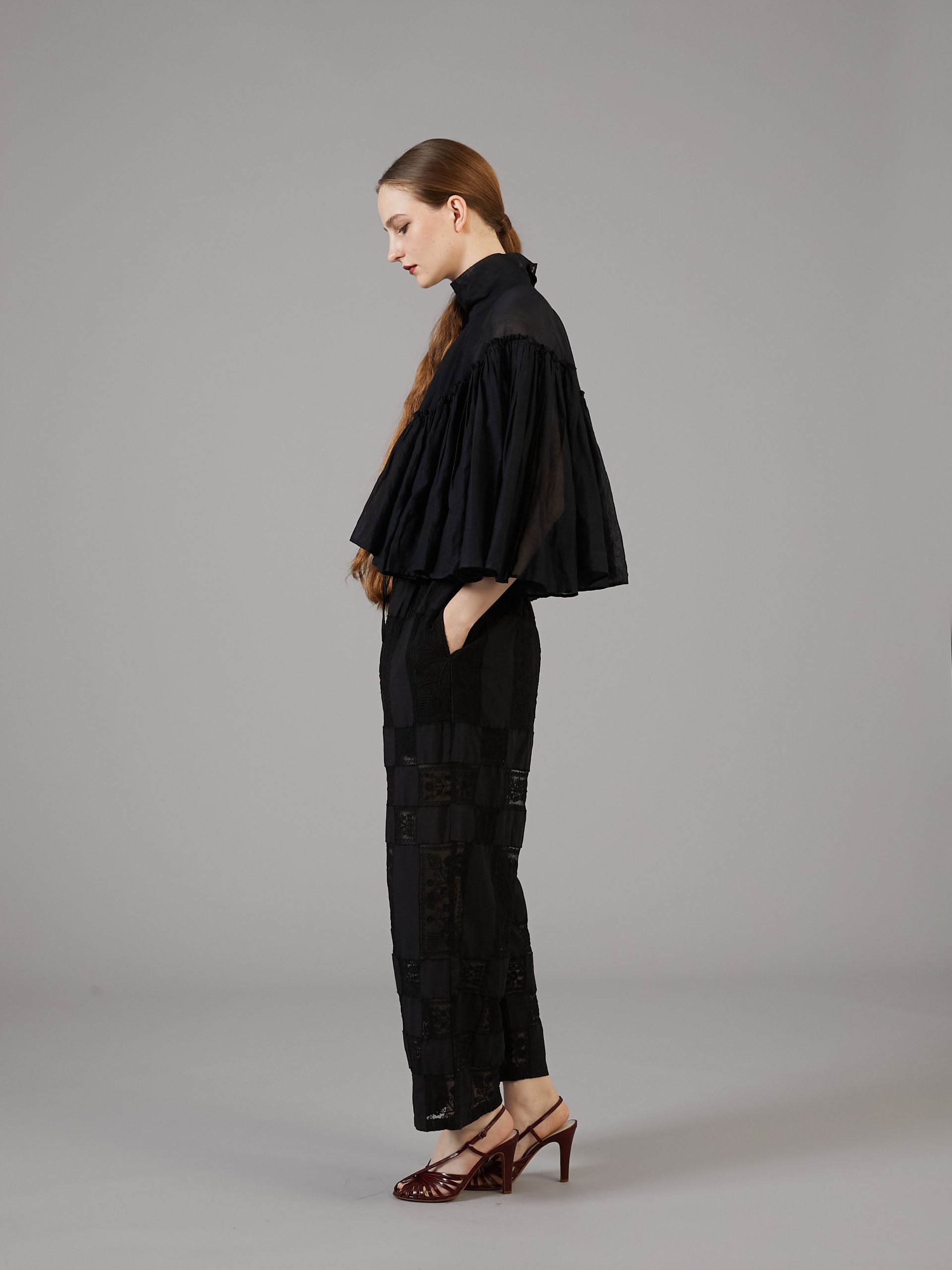 patchwork embroidery pants｜BLACK