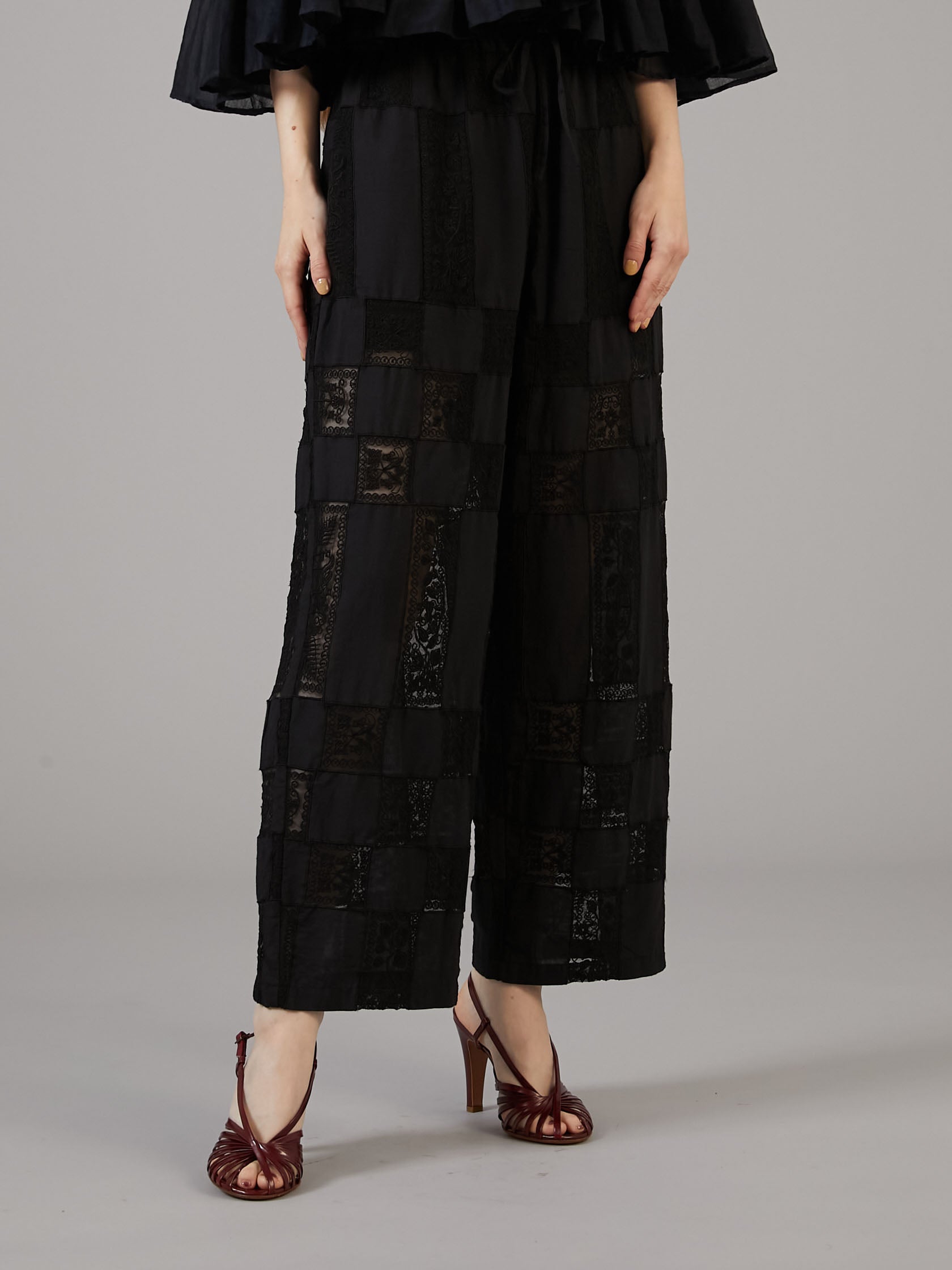 patchwork embroidery pants｜BLACK